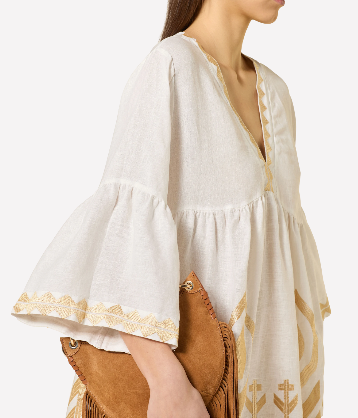 Feather Bell Sleeve Short Dress in Natural Champagne
