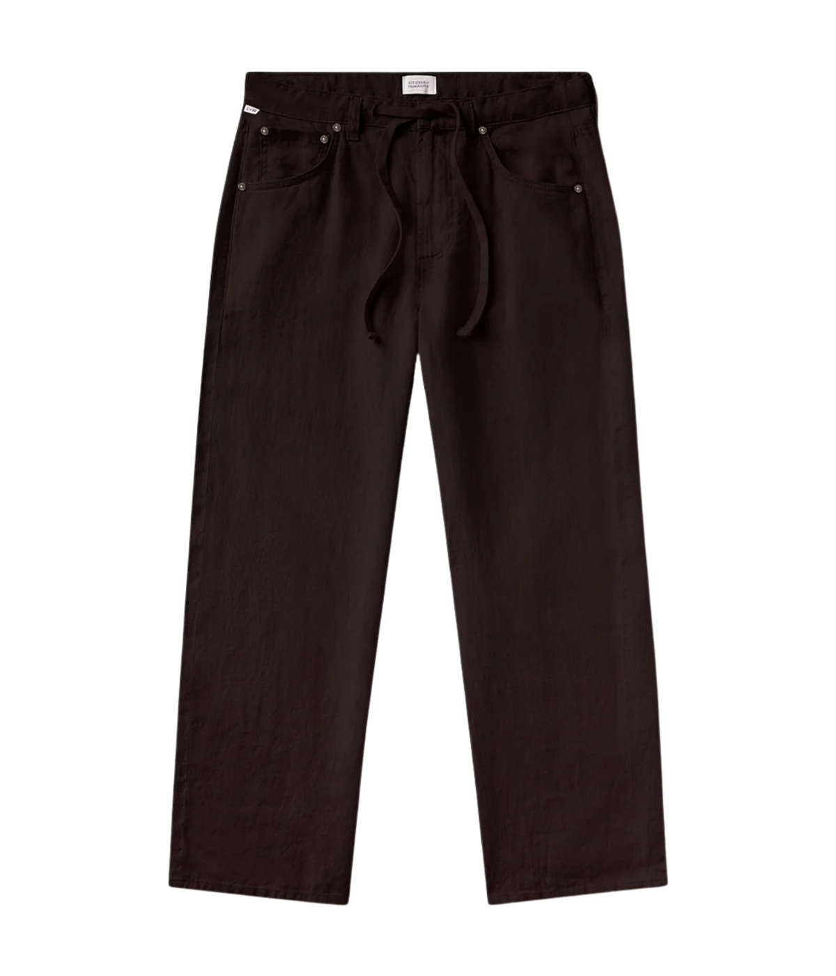 Dark brown drawstring pants with a relaxed straight-leg fit, displayed flat against a solid white background.