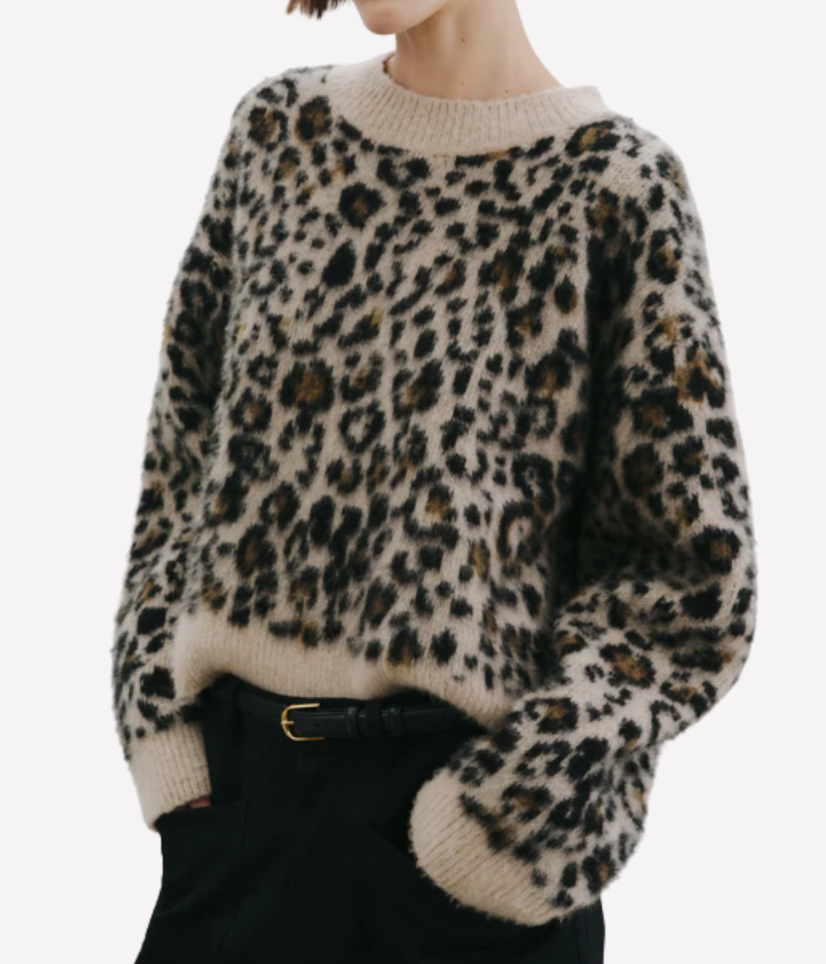 Leopard print sweater worn by a person on a white background