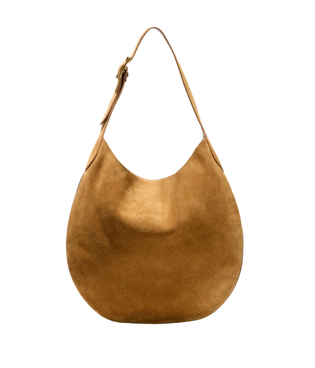 A tan suede hobo shoulder bag with a single strap and gold-tone hardware, shown against a plain white background.