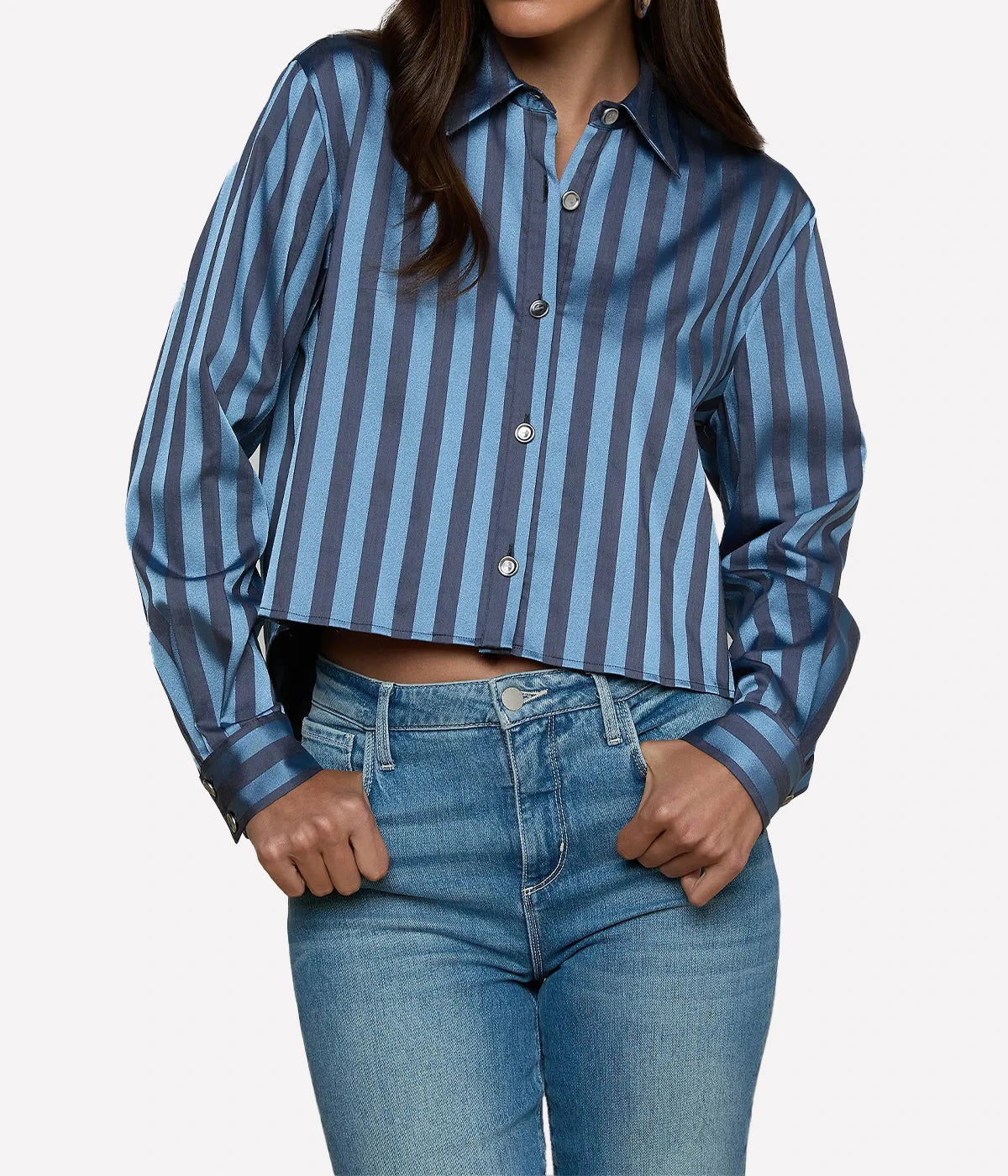 Cosette Crop Hi Low Shirt In Blue Multi Stripe