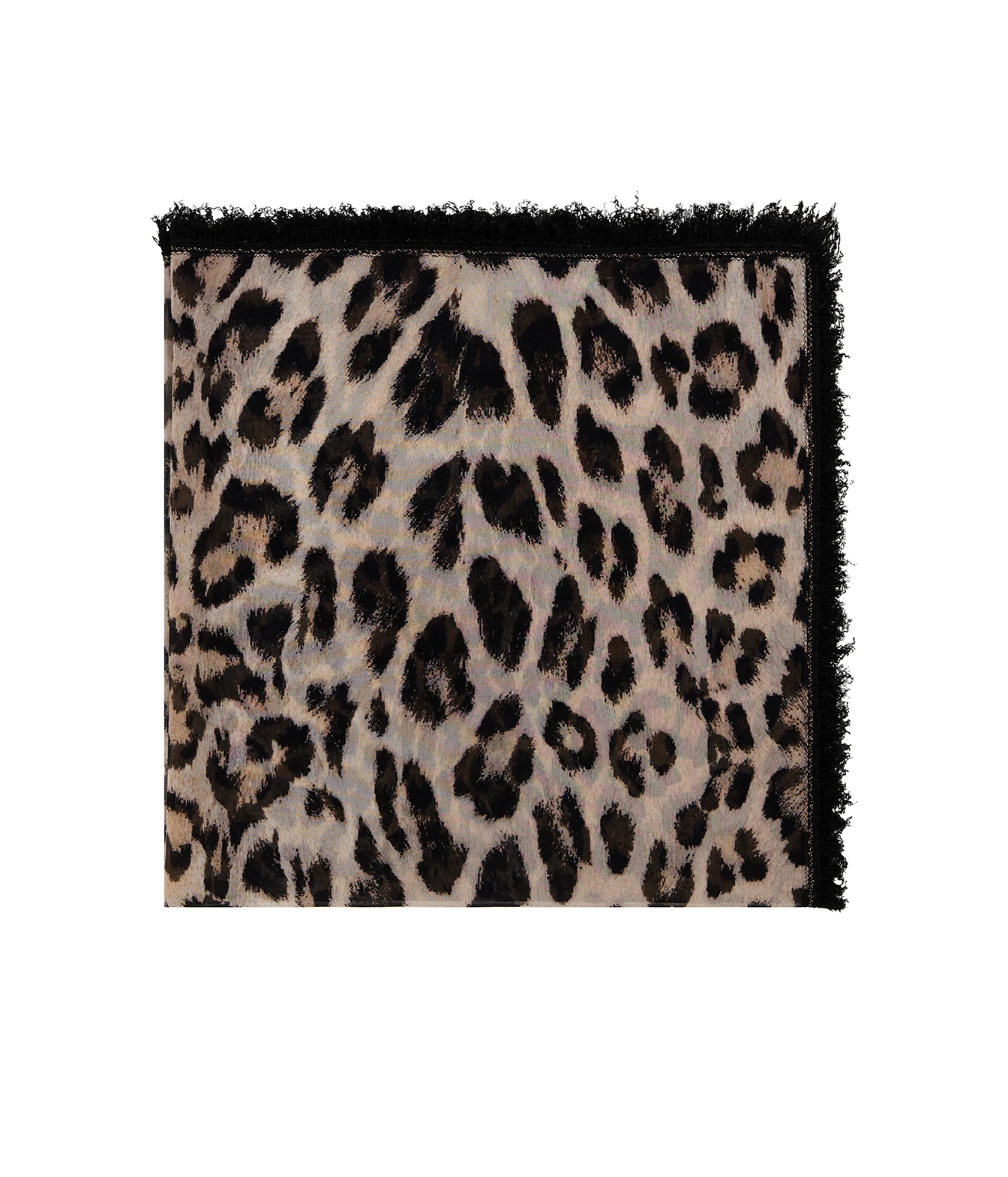 A square scarf with a black leopard print pattern on a beige background, finished with a black fringed border, shown flat against a white background.