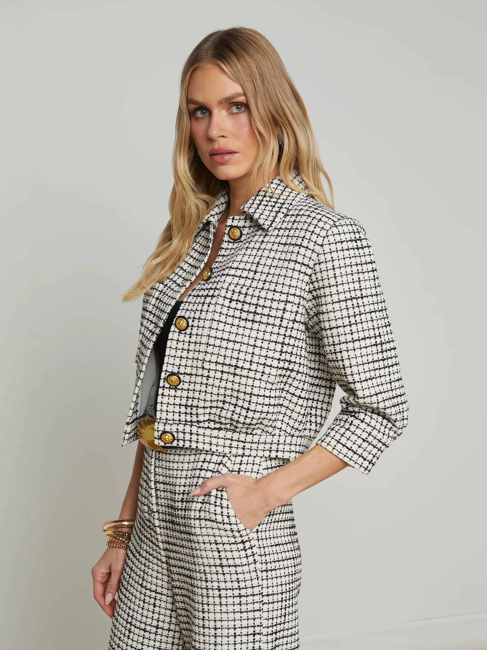Jia Cropped 3/4 Sleeve Jacket in Ecru Black