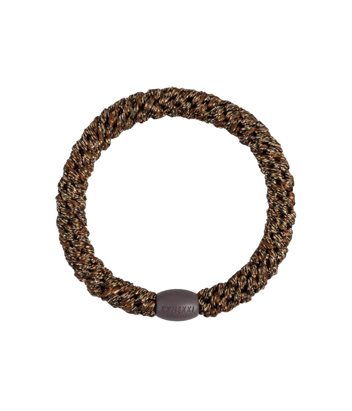 A brown braided hair band with a smooth plastic bead with KKNEKKI writing
