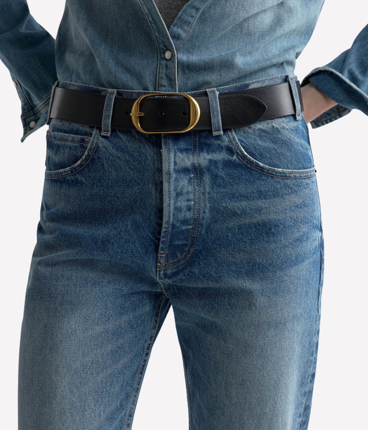 Nili Lotan Briana Jean in Rosebowl Wash close-up of front pocket and fly detailing, showing Japanese denim texture, button fly closure, and vintage-inspired wash finish.