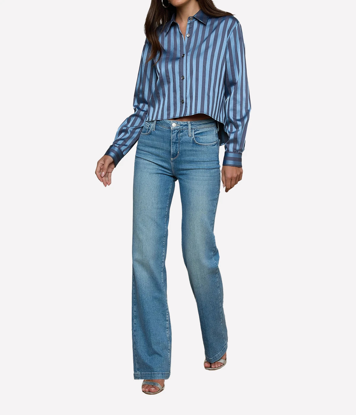 Cosette Crop Hi Low Shirt In Blue Multi Stripe