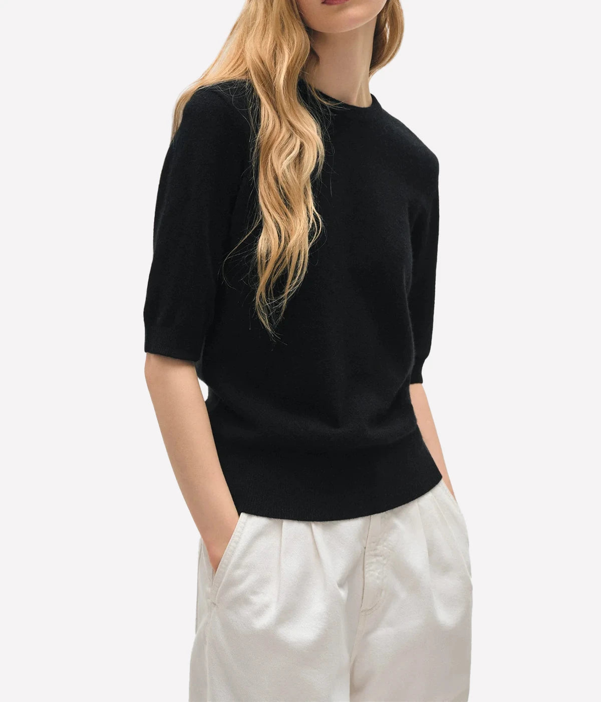 Cashmere Elbow Sleeve Tee in Black
