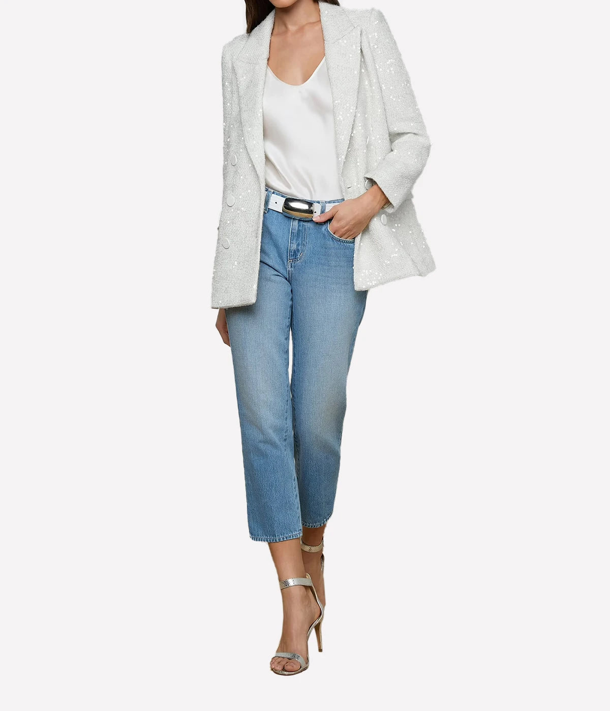 Cambrie Oversized Blazer in White Tweed & Clear Sequin