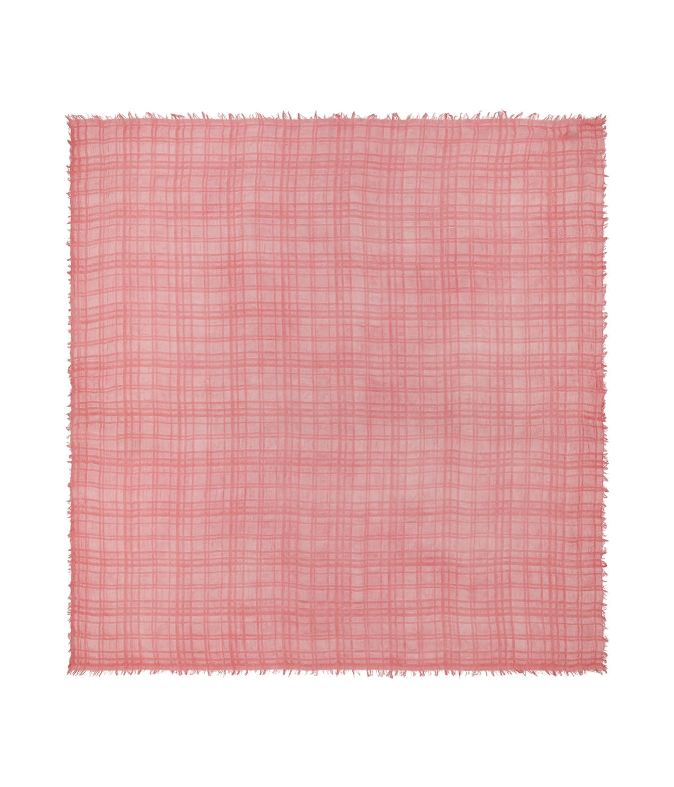 A square pink woven fabric with a subtle plaid pattern and frayed edges, displayed flat against a solid white background.
