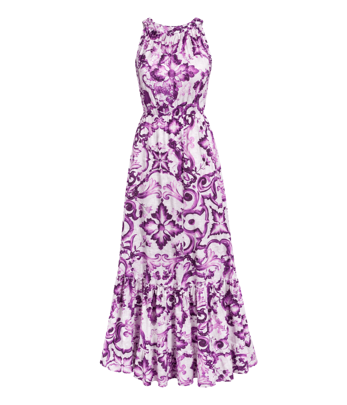 Front view of the Positano Stelo Dress in Maio Viola, a sleeveless maxi dress with a ruffled high neckline, gathered waist and tiered hem in a purple and white tile print