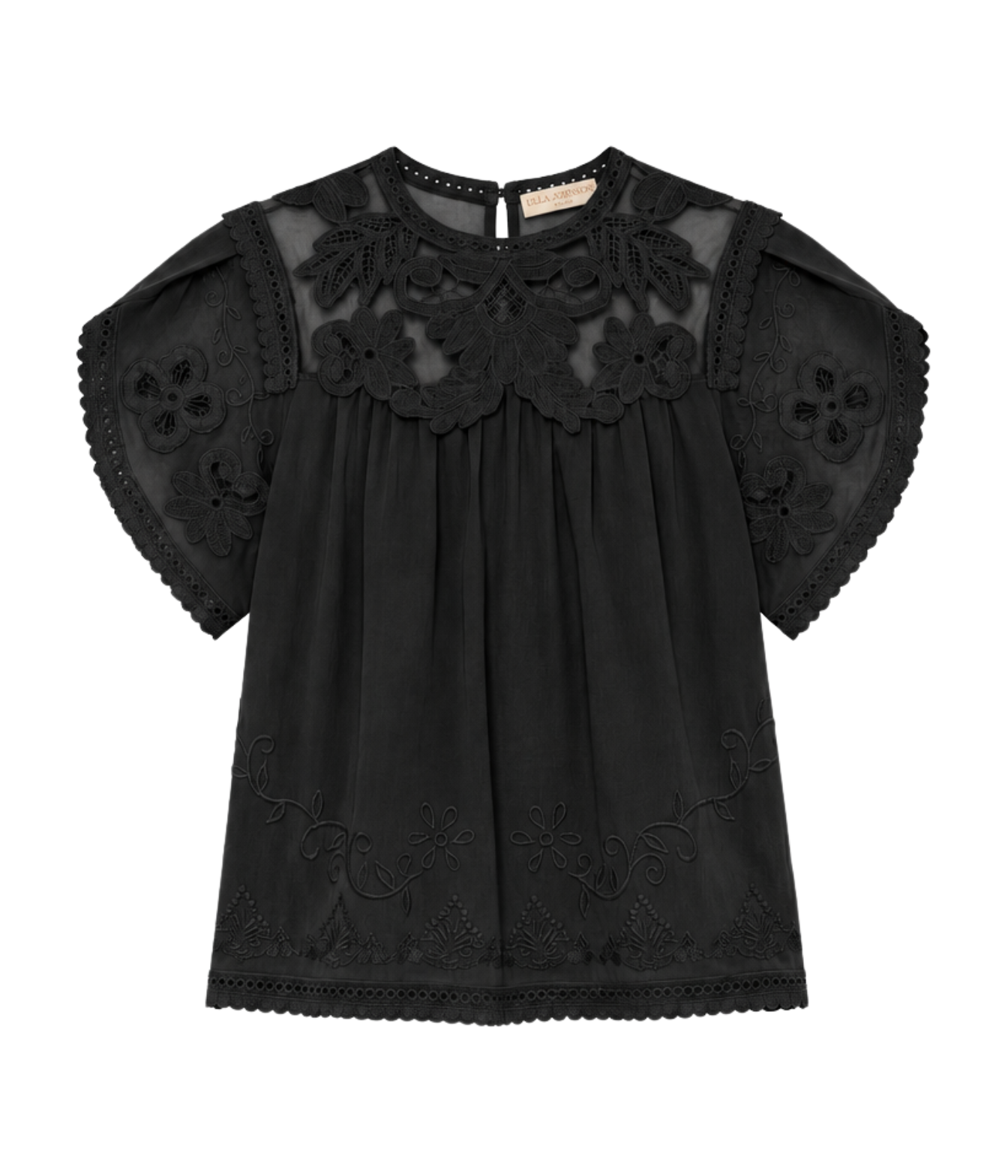 A black short-sleeve blouse featuring intricate floral lace embroidery on the yoke and sleeves, delicate eyelet lace trim along the hem, and a gathered, pleated front bodice.