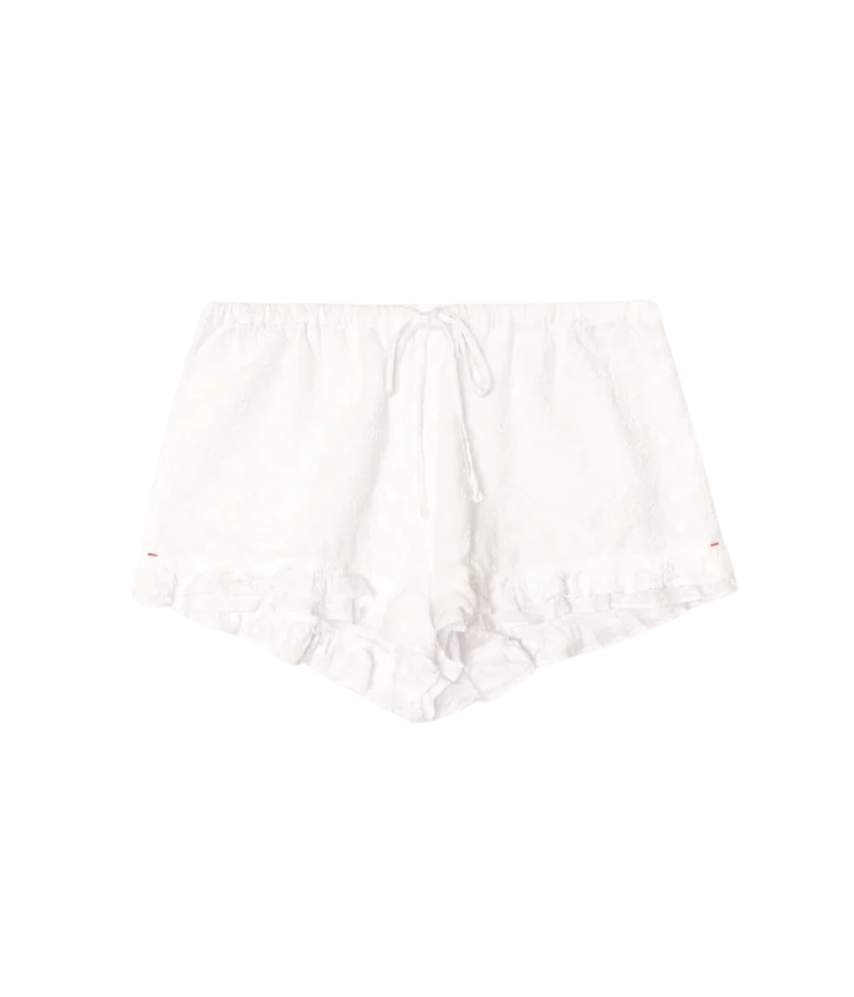 XiRENA Mimi Short in Blanc laid flat, showing the elasticised drawstring waist with tie, textured cotton poplin and ruffled hems