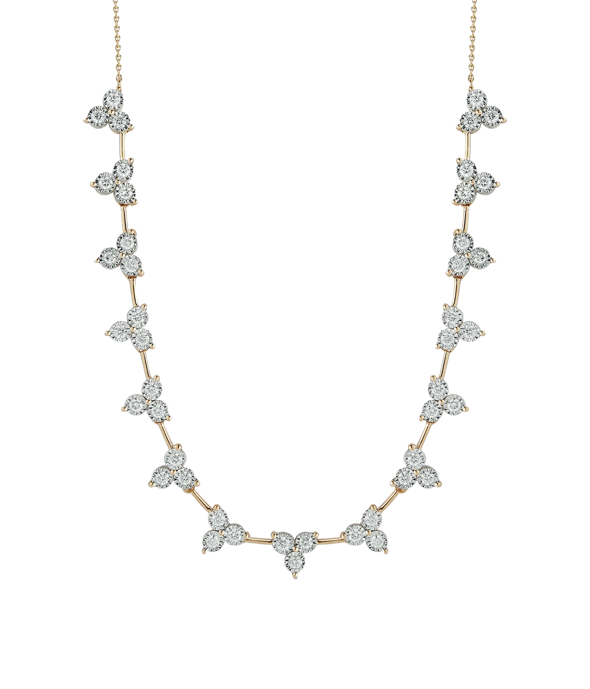 Dana Rebecca Designs Ava Bea Interval Trio Tennis Necklace in 14k Yellow Gold laid flat, showing the trio diamond clusters spaced evenly along a fine gold chain