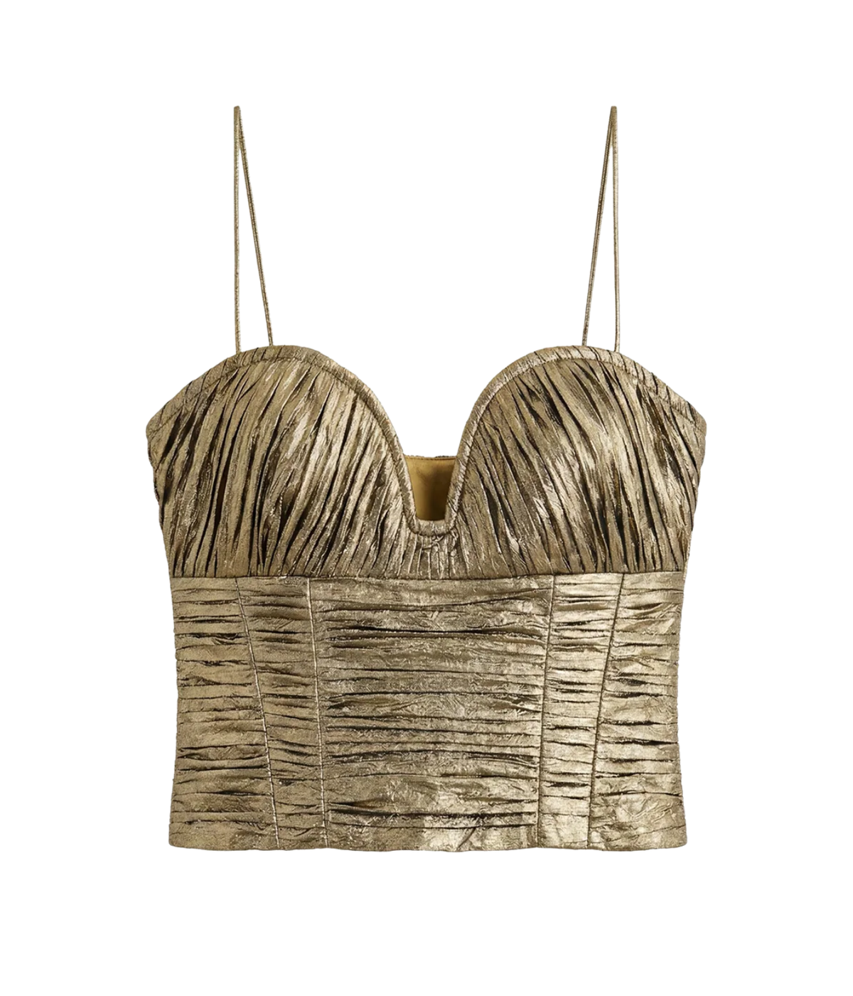 Ulla Johnson Vina Taffeta Cropped Bustier Top in Light Gold laid flat, showing the sweetheart neckline, ruched cups and bodice, and fine spaghetti straps