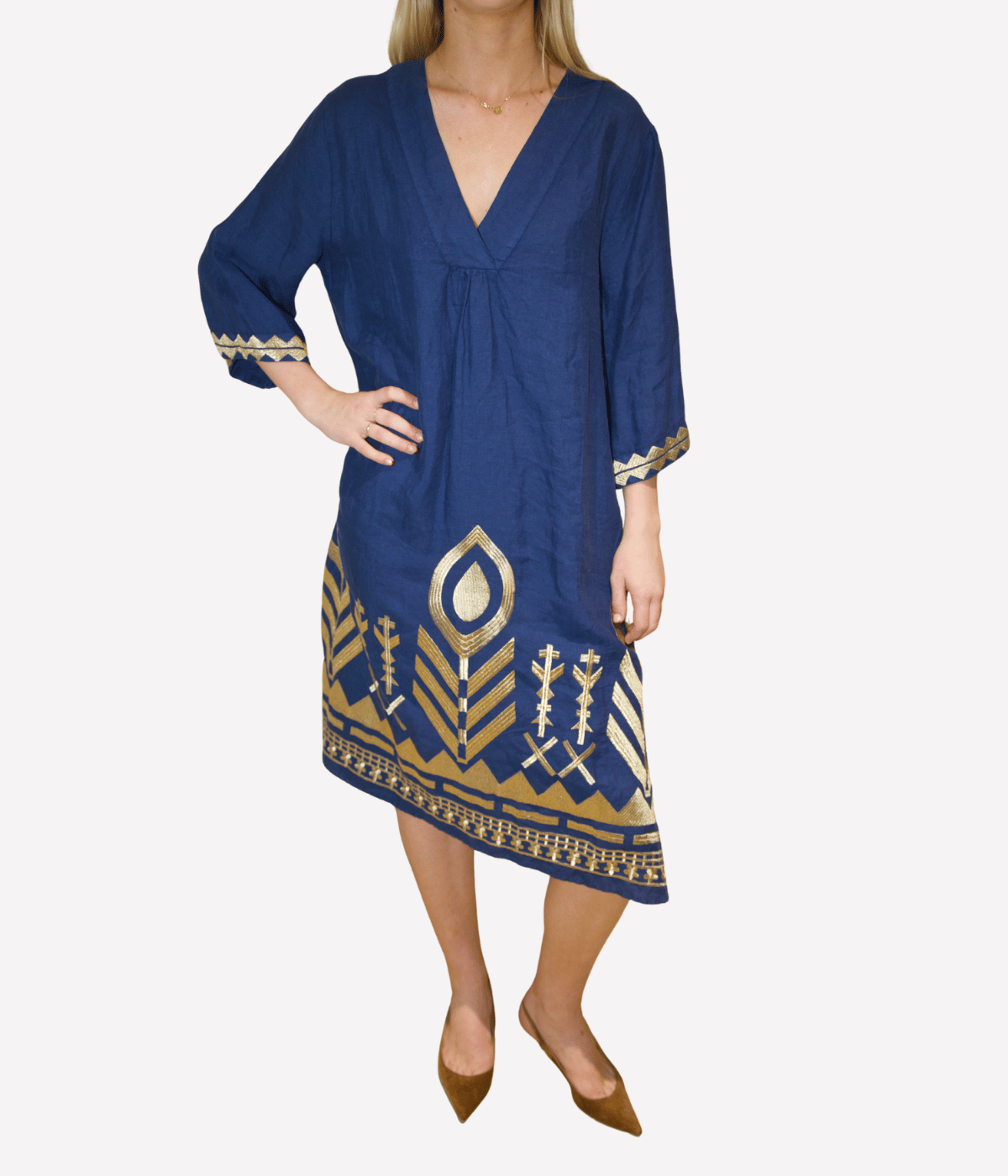 *FINAL SALE* V Neck Feather Dress in Indigo Gold