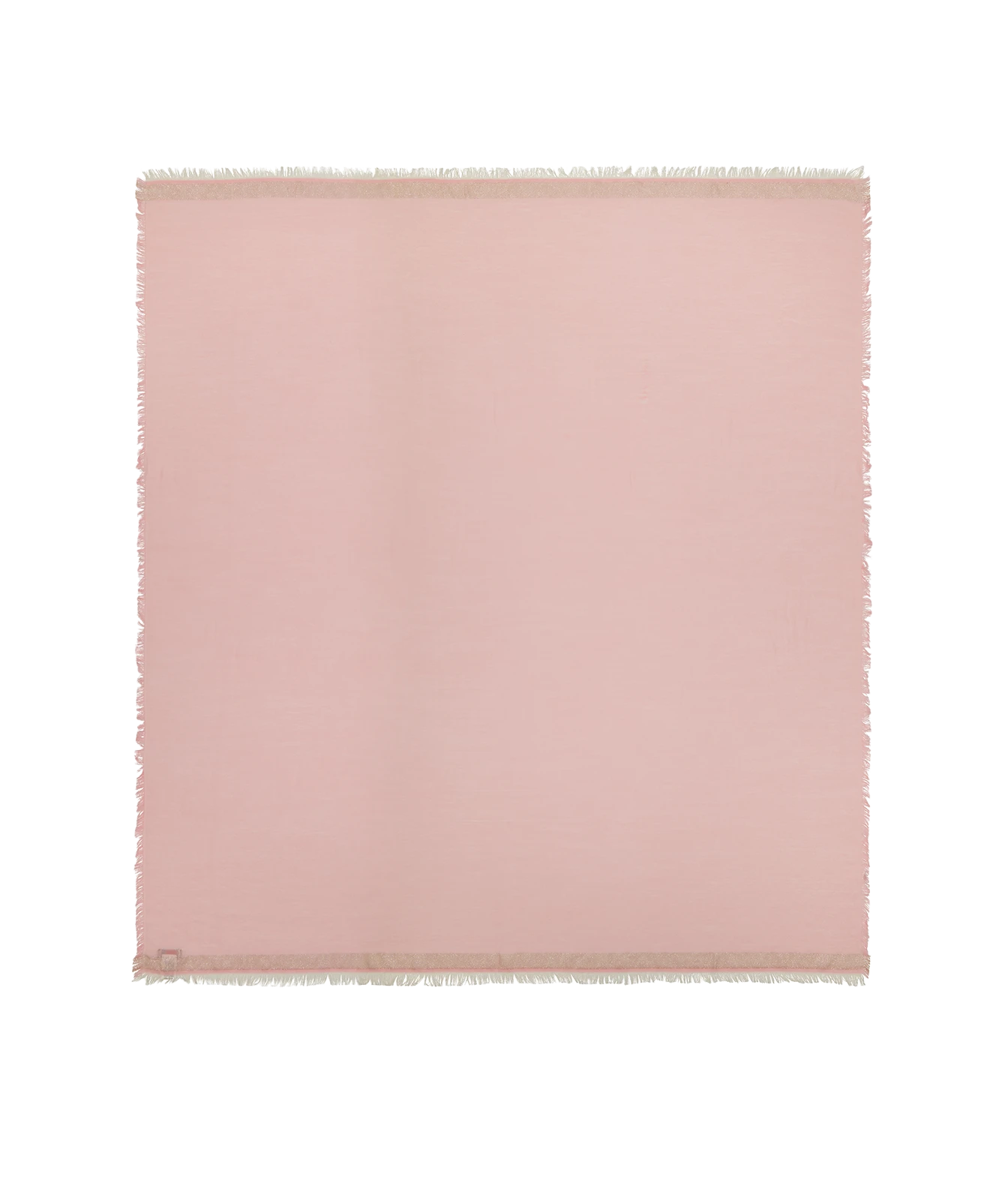 A square blush pink fabric throw blanket with fringed edges, displayed flat against a solid white background.