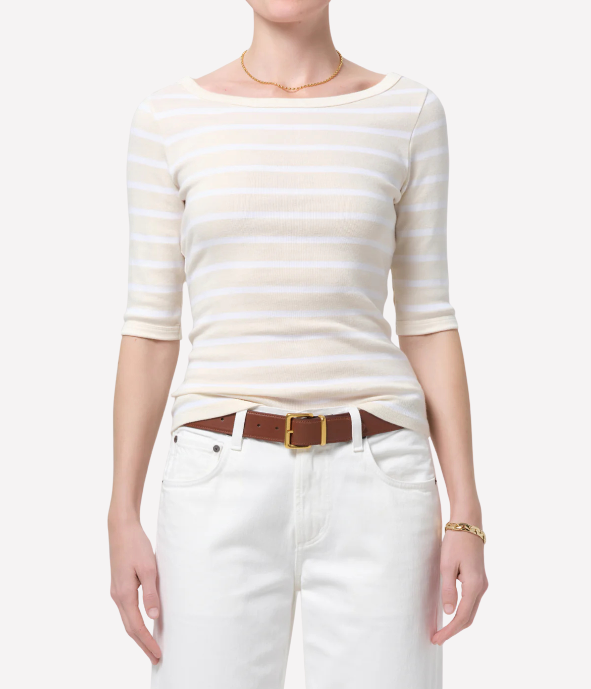 Citizens of Humanity 3/4 Sleeve Boat Neck Slim Tee in Brulee Stripe - Front View