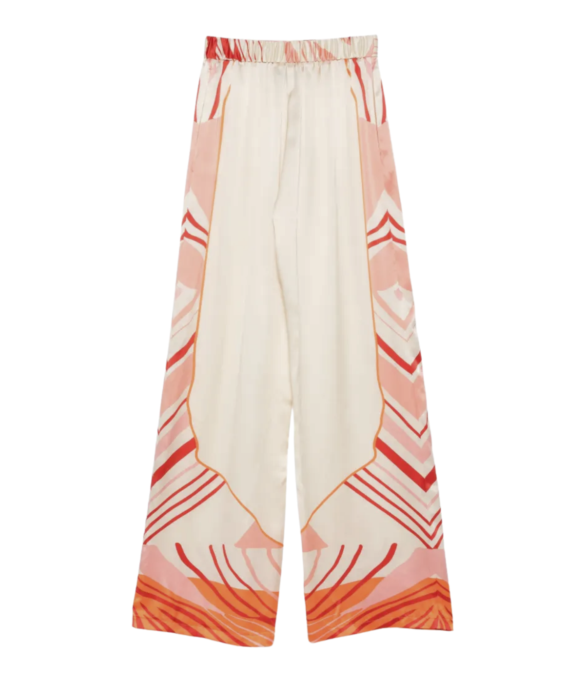 White pants with red and orange geometric pattern on a white background