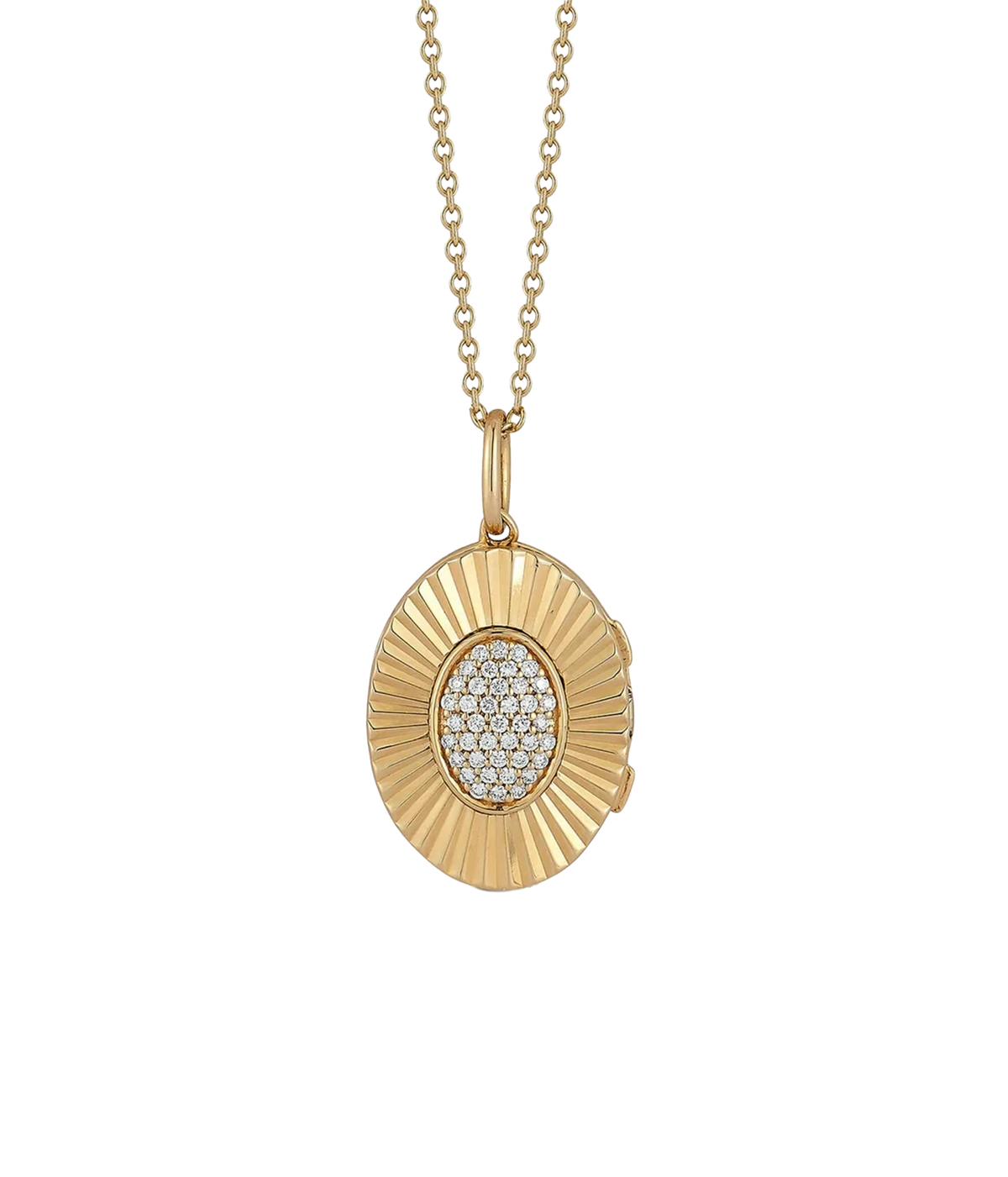 Dana Rebecca Designs Teddi Paige Oval Locket Necklace in 14k Yellow Gold front view, showing the fluted sunburst gold frame and pavé diamond oval centre on a fine cable chain