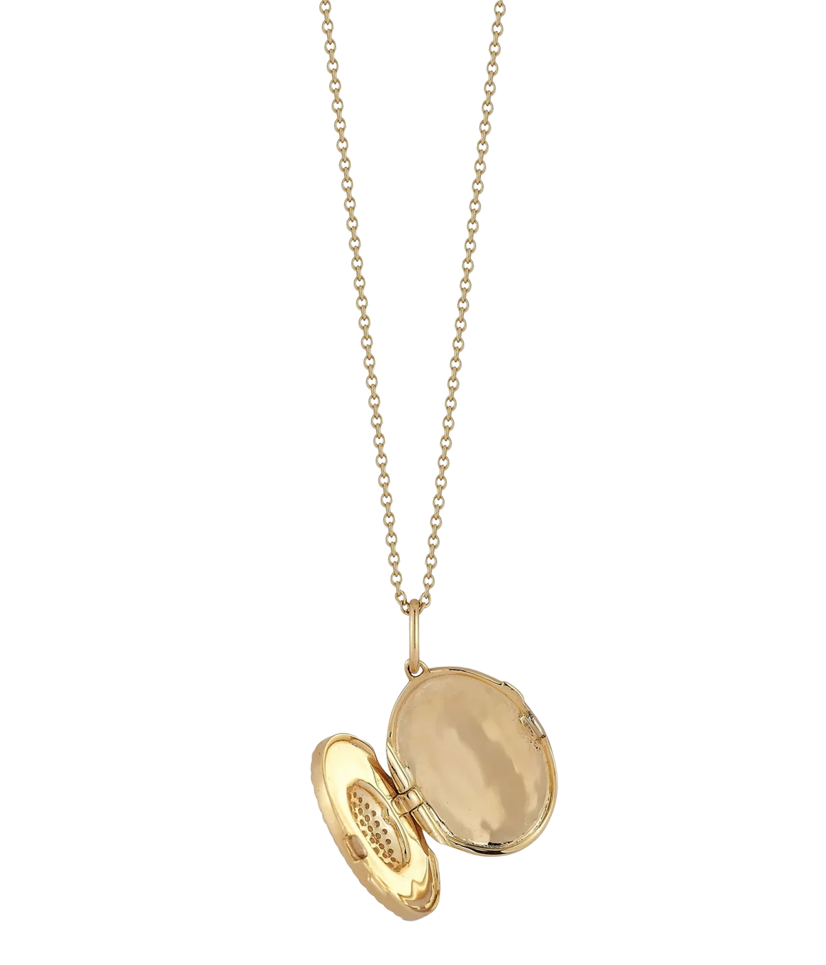 Dana Rebecca Designs Teddi Paige Oval Locket Necklace in 14k Yellow Gold shown open, revealing the hinged interior of the locket