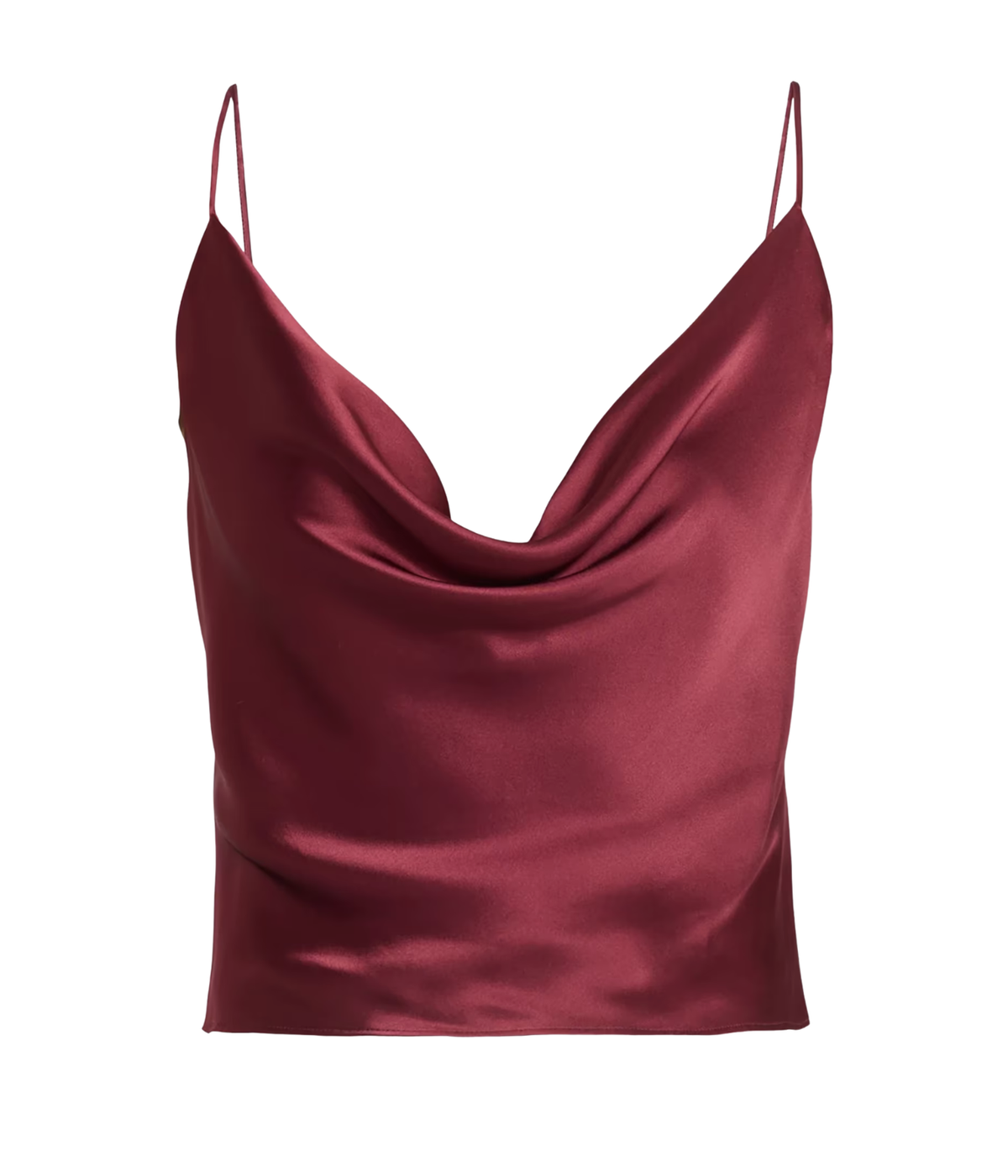 A burgundy silk camisole top with thin spaghetti straps and a draped cowl neckline, shown against a plain white background.