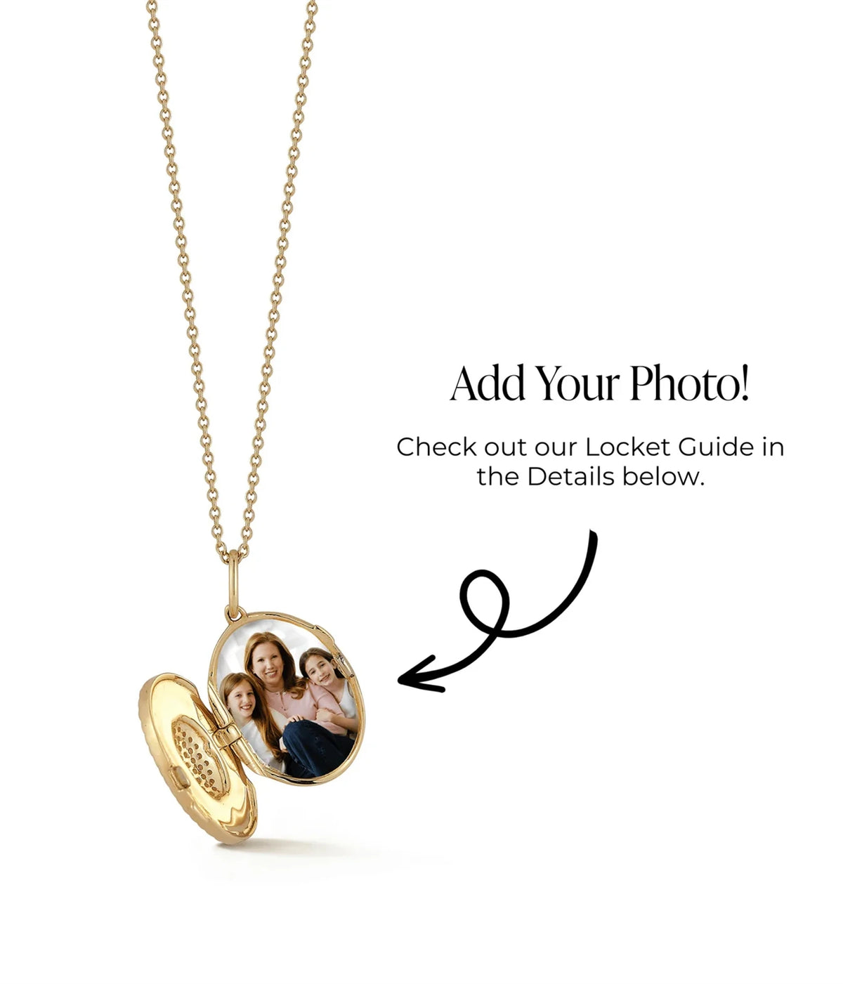 Dana Rebecca Designs Teddi Paige Oval Locket Necklace in 14k Yellow Gold shown open with a personal photo inside, illustrating the option to add your own photo