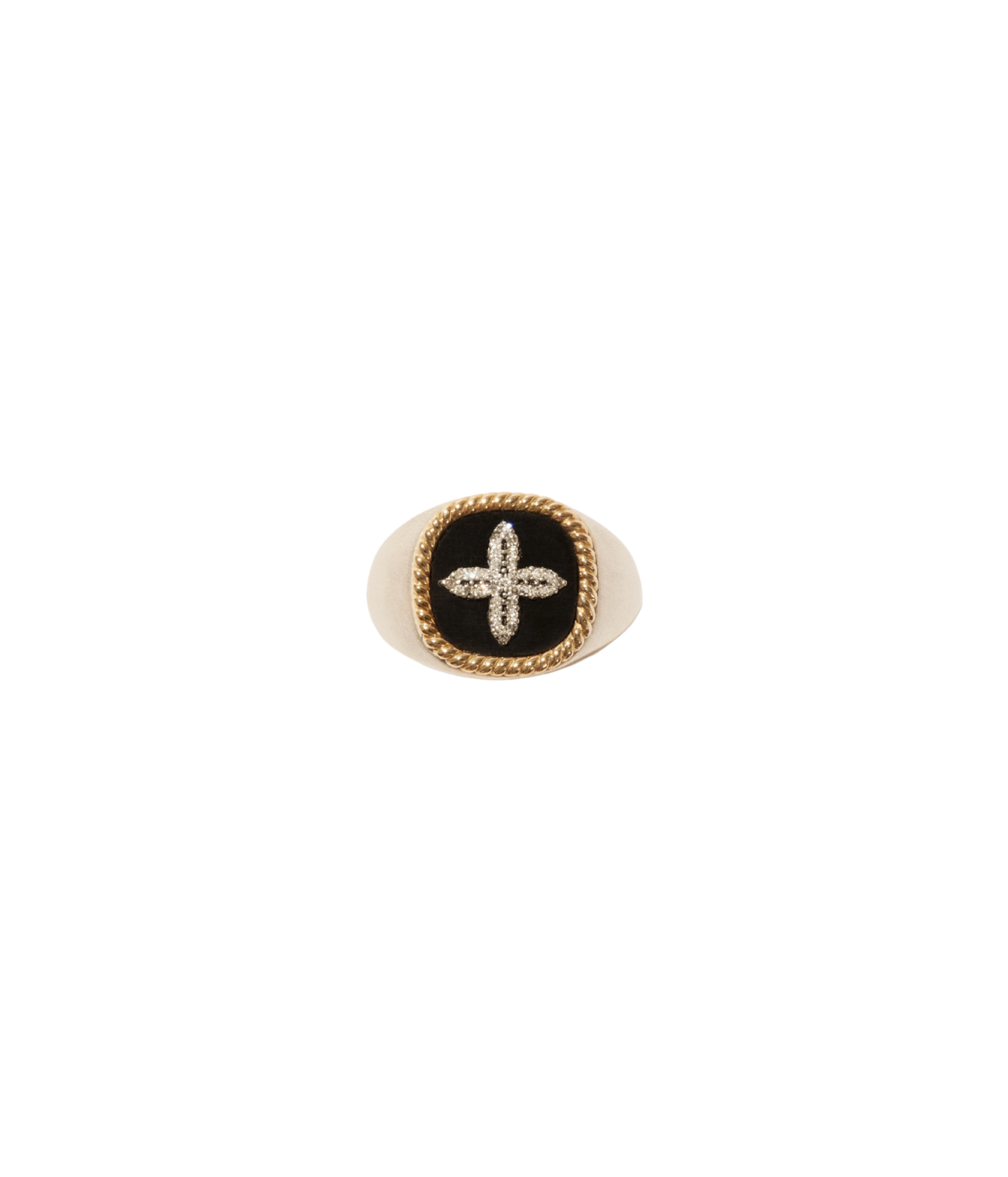 Pascale Monvoisin Bowie Black Diamond Ring shown from above, with an oval black signet face set with a diamond four-petal motif inside a twisted gold rope border