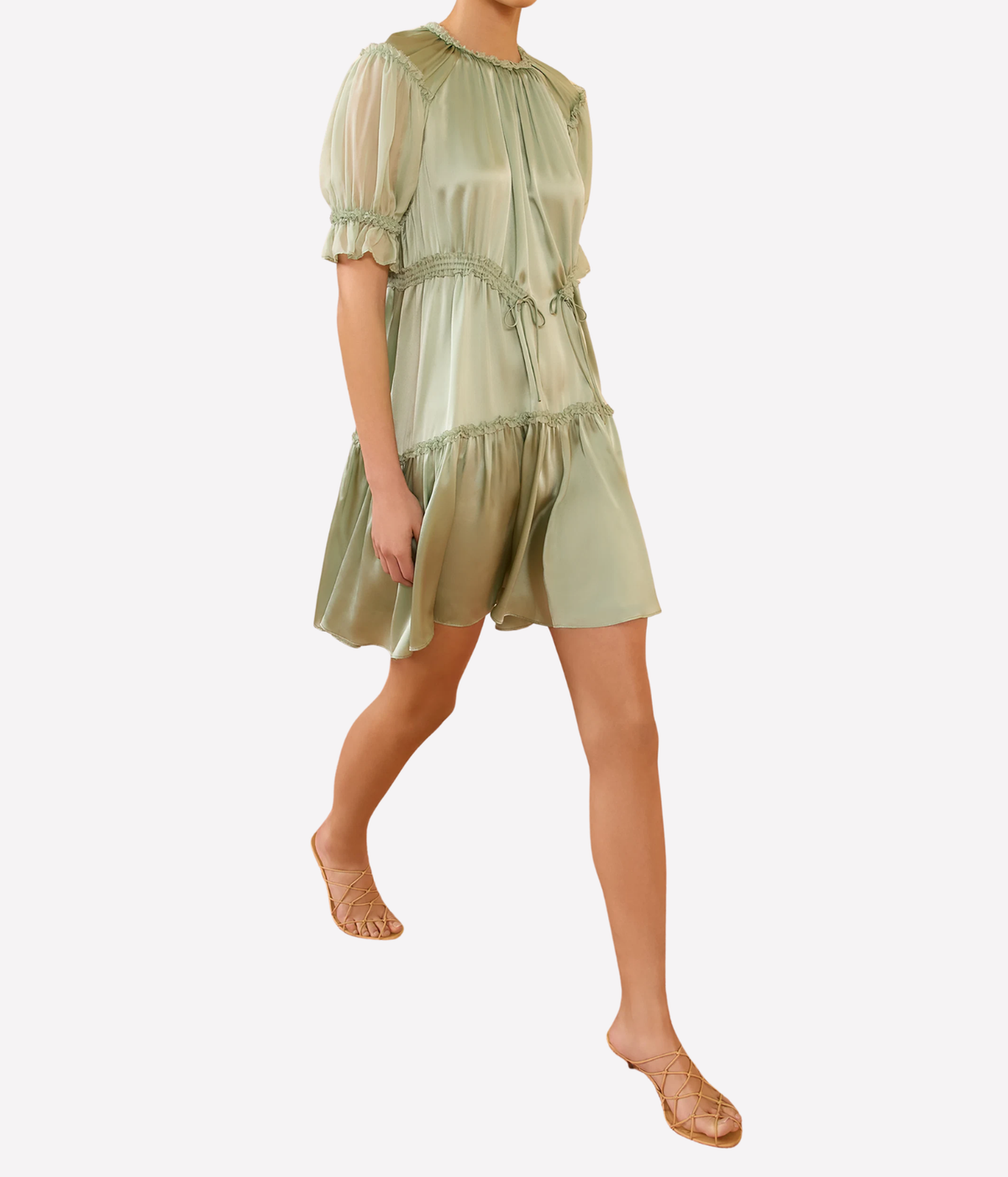 Model wearing the Juliette Short Sleeve Mini Dress in Cleadon, styled in a relaxed front view highlighting the cinched waist and fluid tiered skirt.