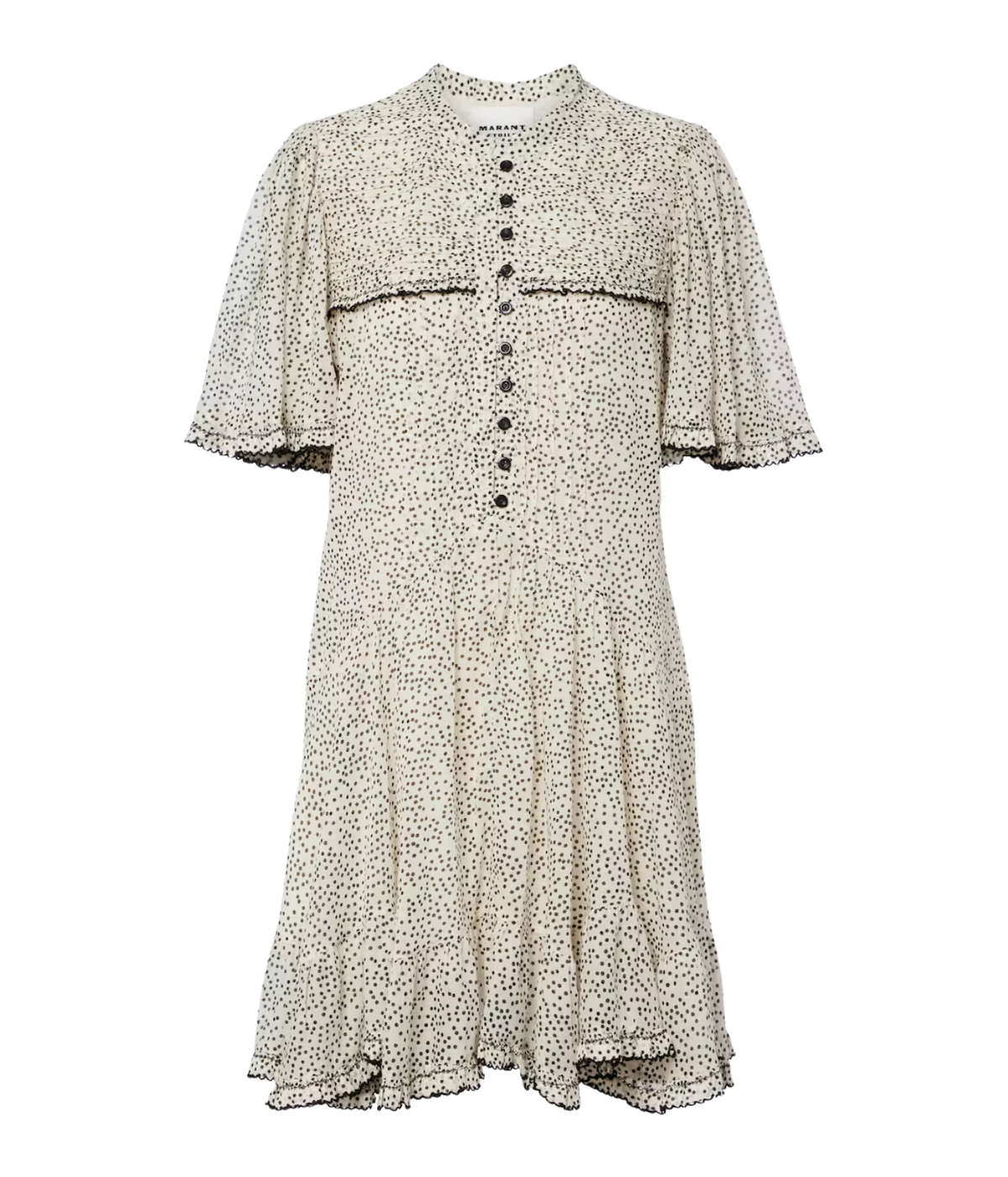 Isabel Marant Daynia Cotton Mini Dress in Ecru Black, front product view highlighting the polka dot print, button front and scalloped trims.