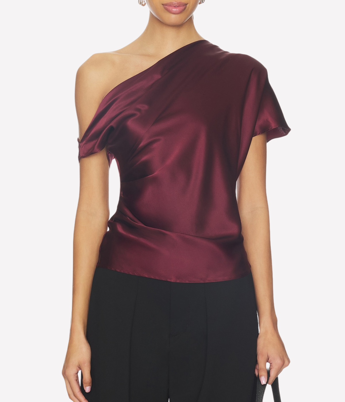 Silk Satin Assym Drape Top in Carmine