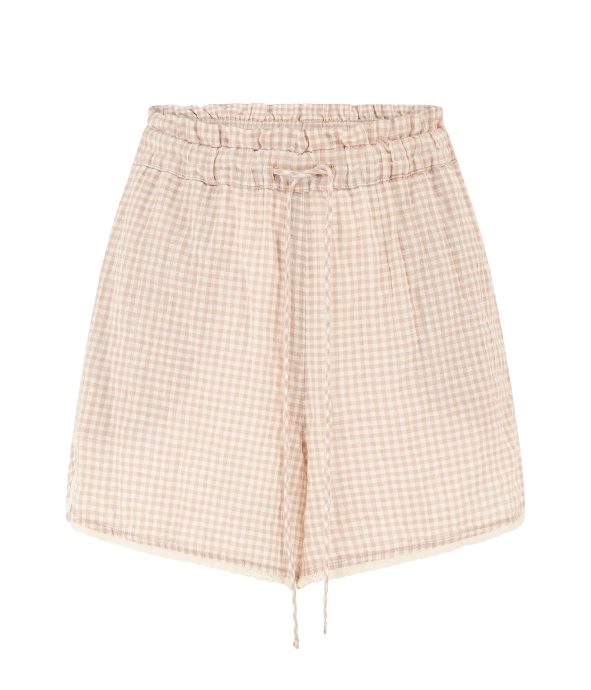 A pair of high-waisted, gingham-patterned shorts in a soft beige and white check, featuring an elastic waistband and a drawstring.