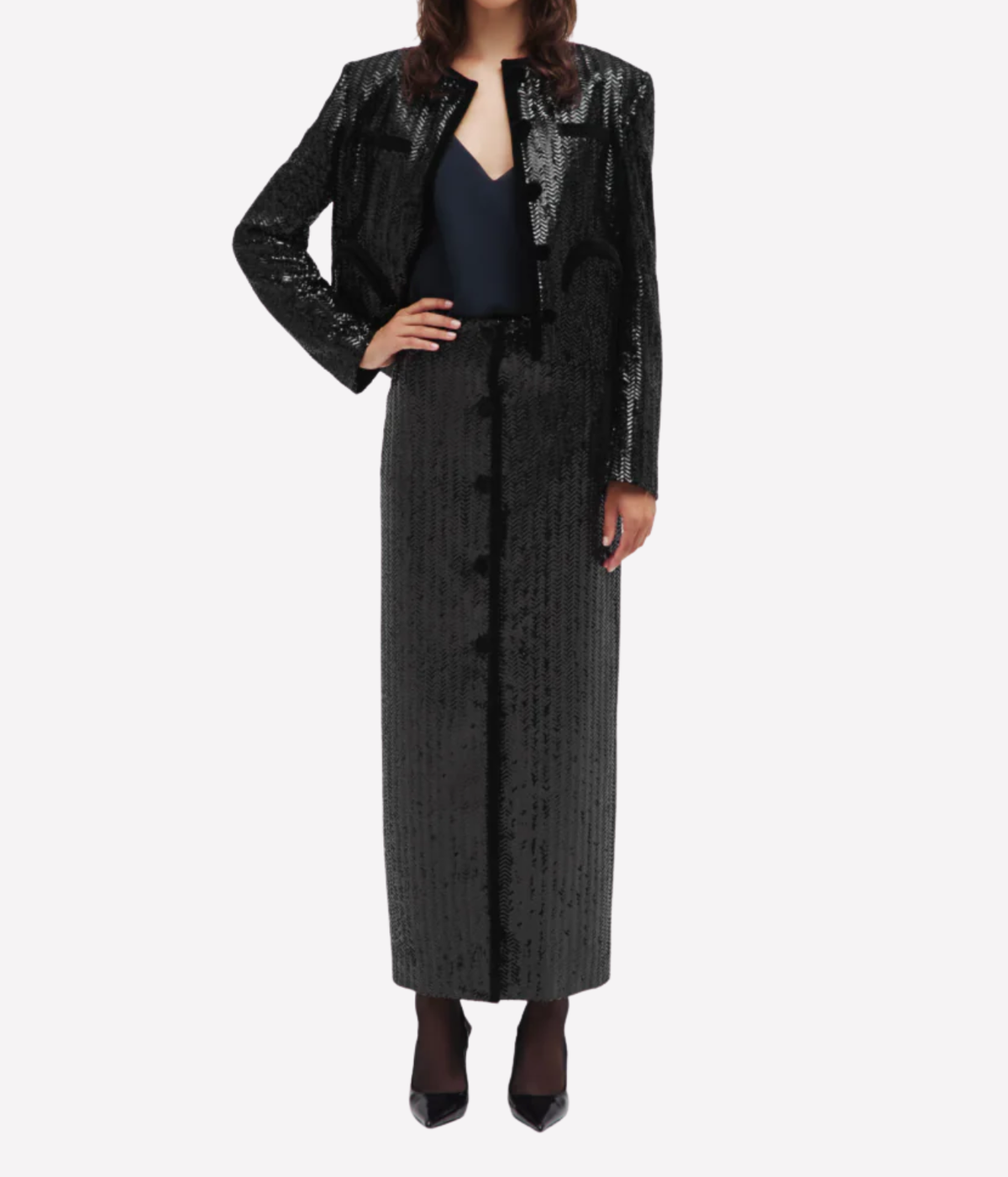 All About You Shamo Bolero In Black - female model wearing black sequined shamo bolero blazer and matching sequin black skirt