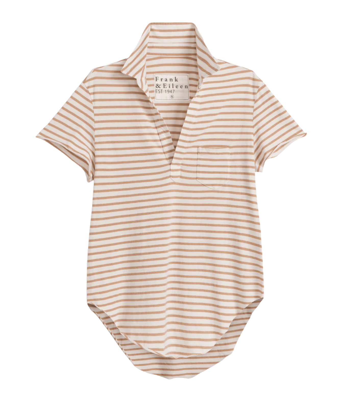 A short-sleeve collared knit top with thin horizontal beige stripes on a white background, featuring a partial button placket and a chest pocket. The neck label reads 'Frank & Eileen'.