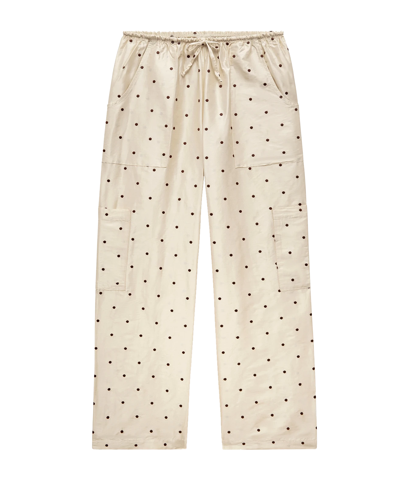 Cream-colored pants with a black polka dot pattern, featuring an elastic drawstring waist, side cargo pockets, and a relaxed straight-leg fit, shown against a plain white background.