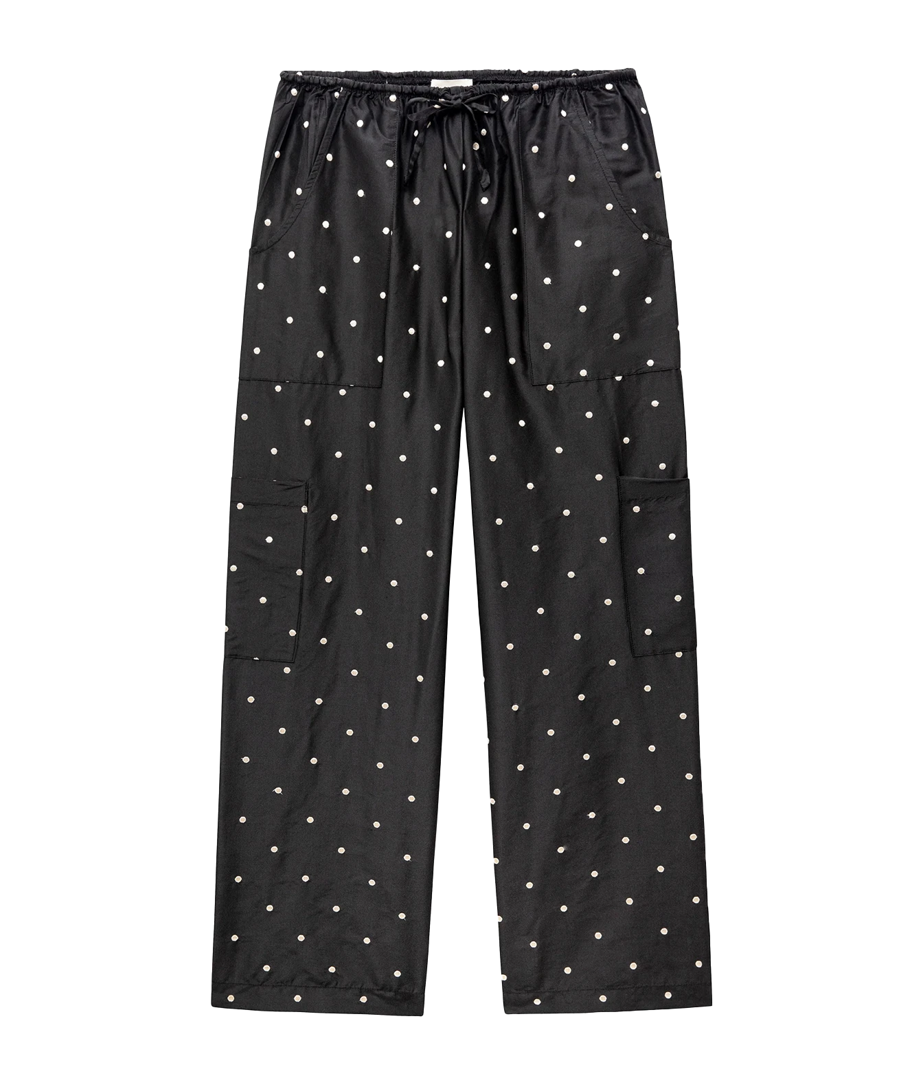 Black cargo pants with a white polka dot pattern, featuring an elastic drawstring waist, side cargo pockets, and a relaxed straight-leg fit, shown flat on a white background.