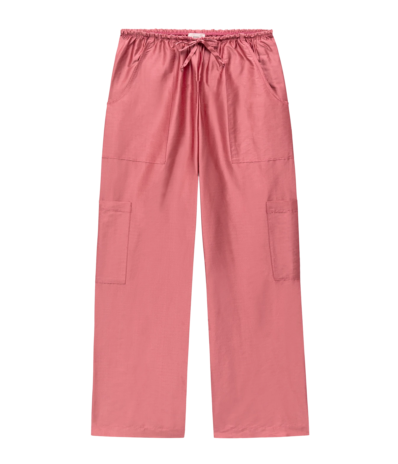 A pair of dusty rose pink scrub pants featuring an elastic drawstring waist, side pockets, and large cargo-style pockets on the lower legs, shown flat against a solid white background.