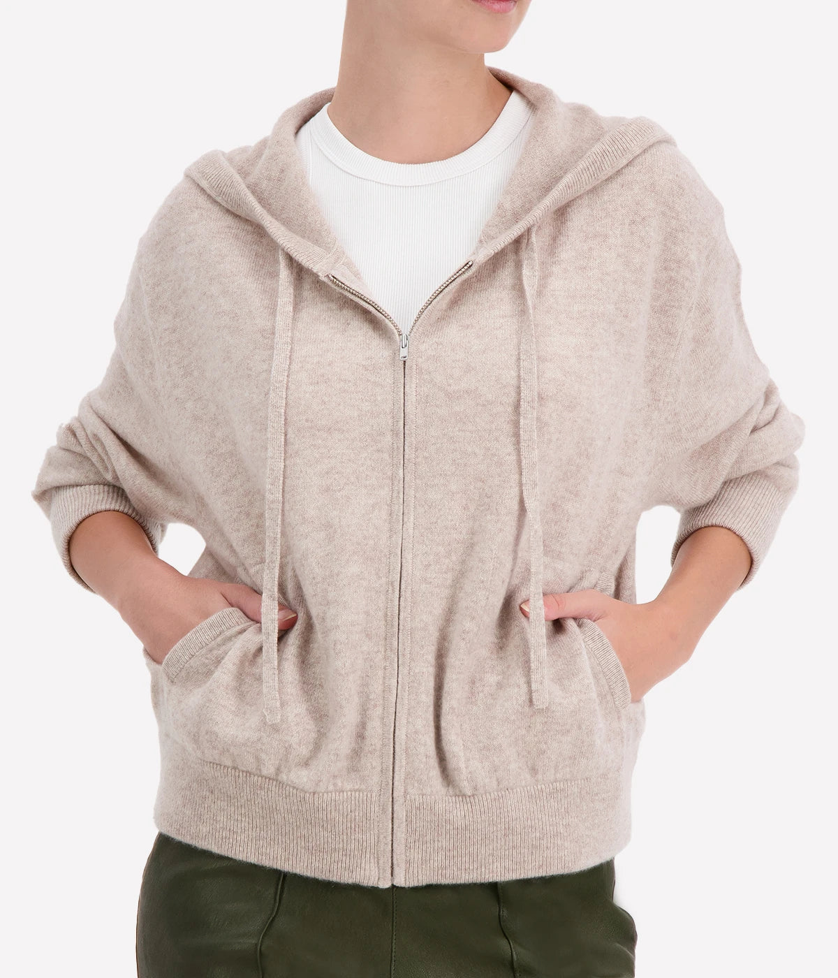 Cashmere Cropped Zip Hoodie in Sand Heather