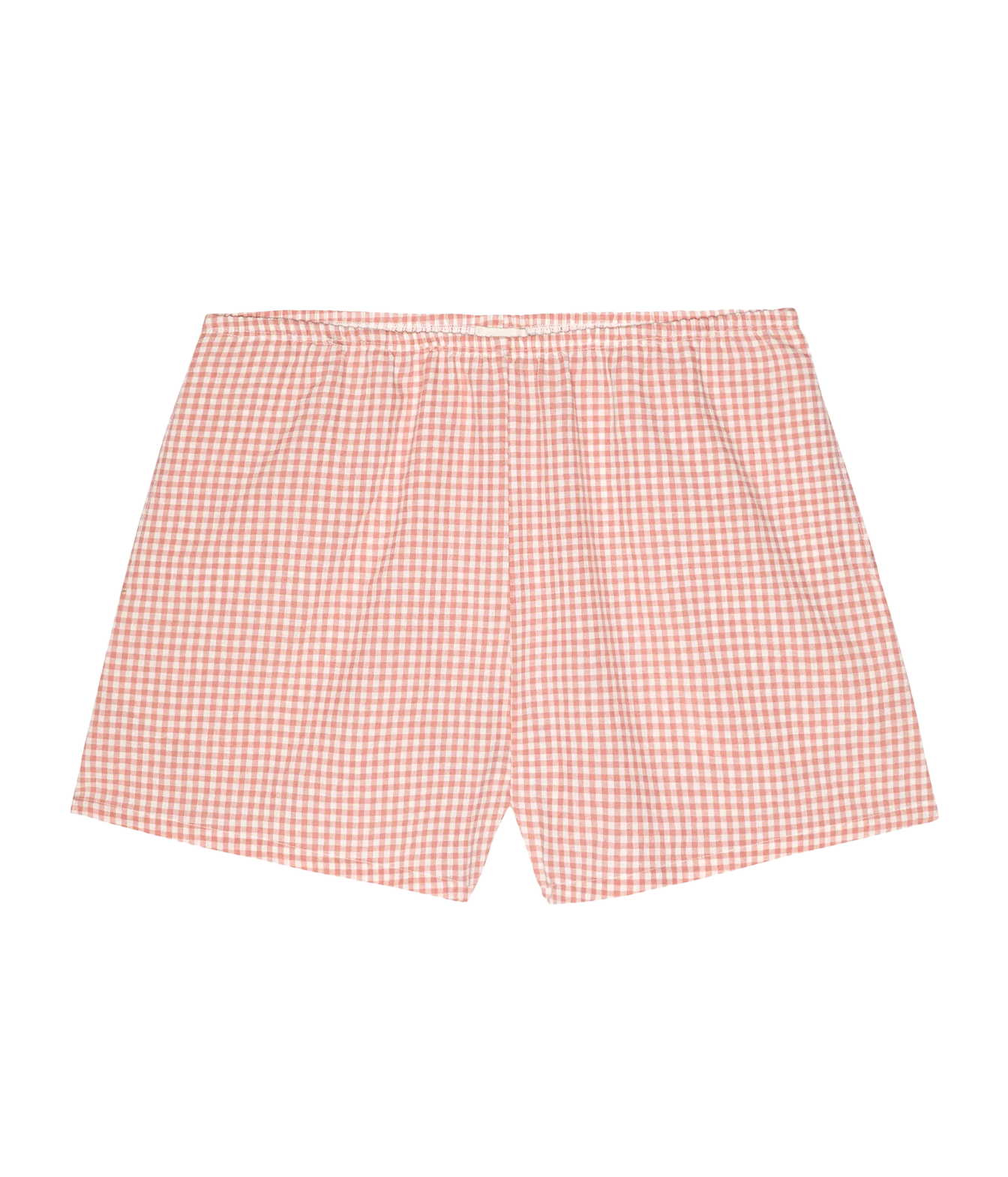 A pair of shorts featuring a red and white gingham checkered pattern, displayed flat against a solid white background.