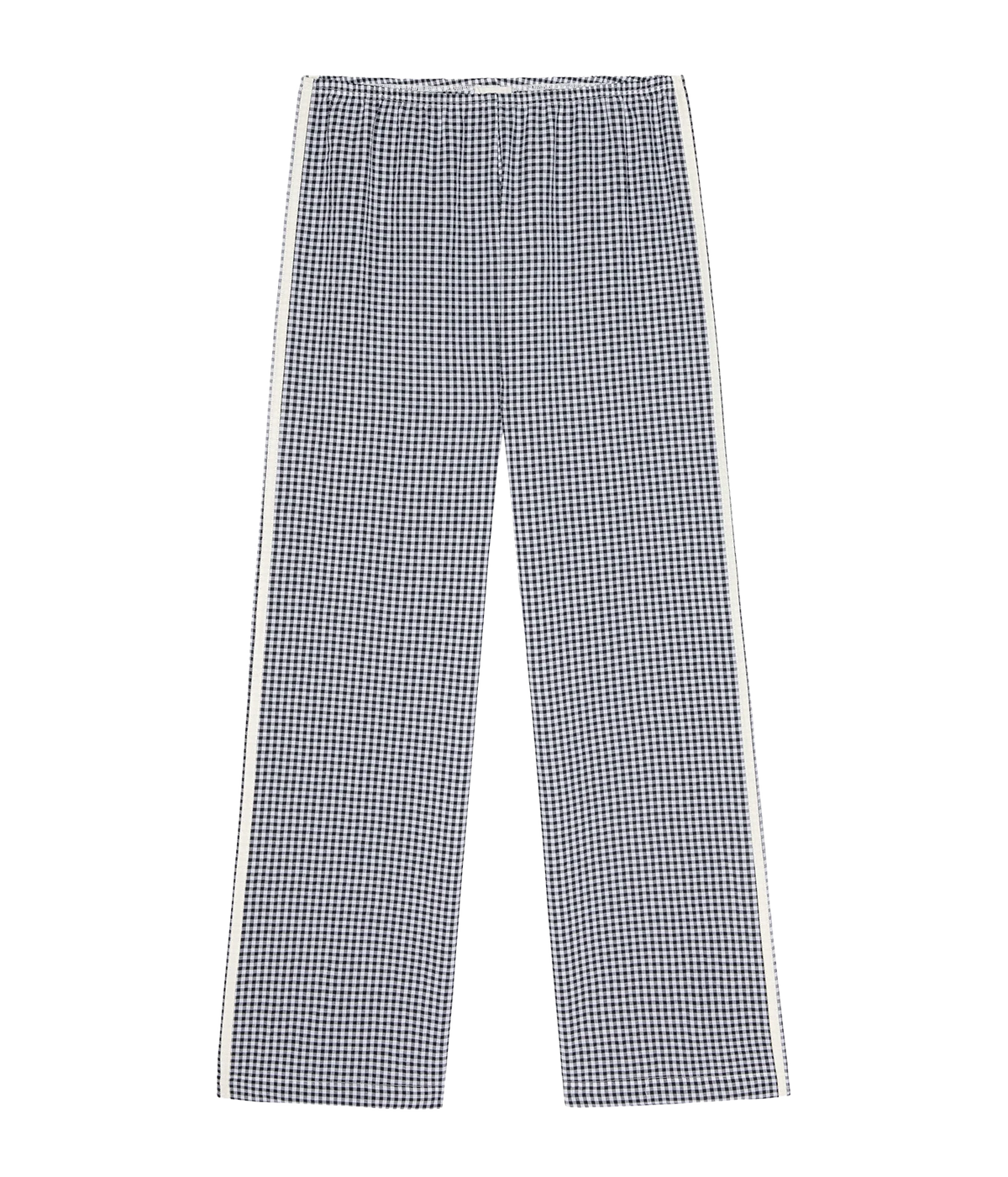 Black and white houndstooth patterned pants with white side stripes, shown flat against a white background.