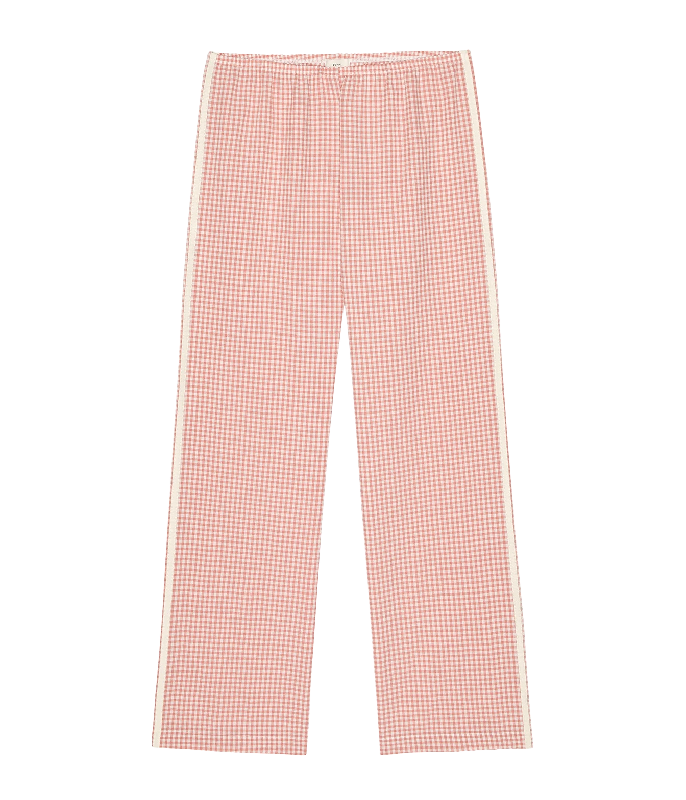 A pair of cropped trousers featuring a red and white gingham check pattern with a contrasting beige stripe running down the outer side of each leg.