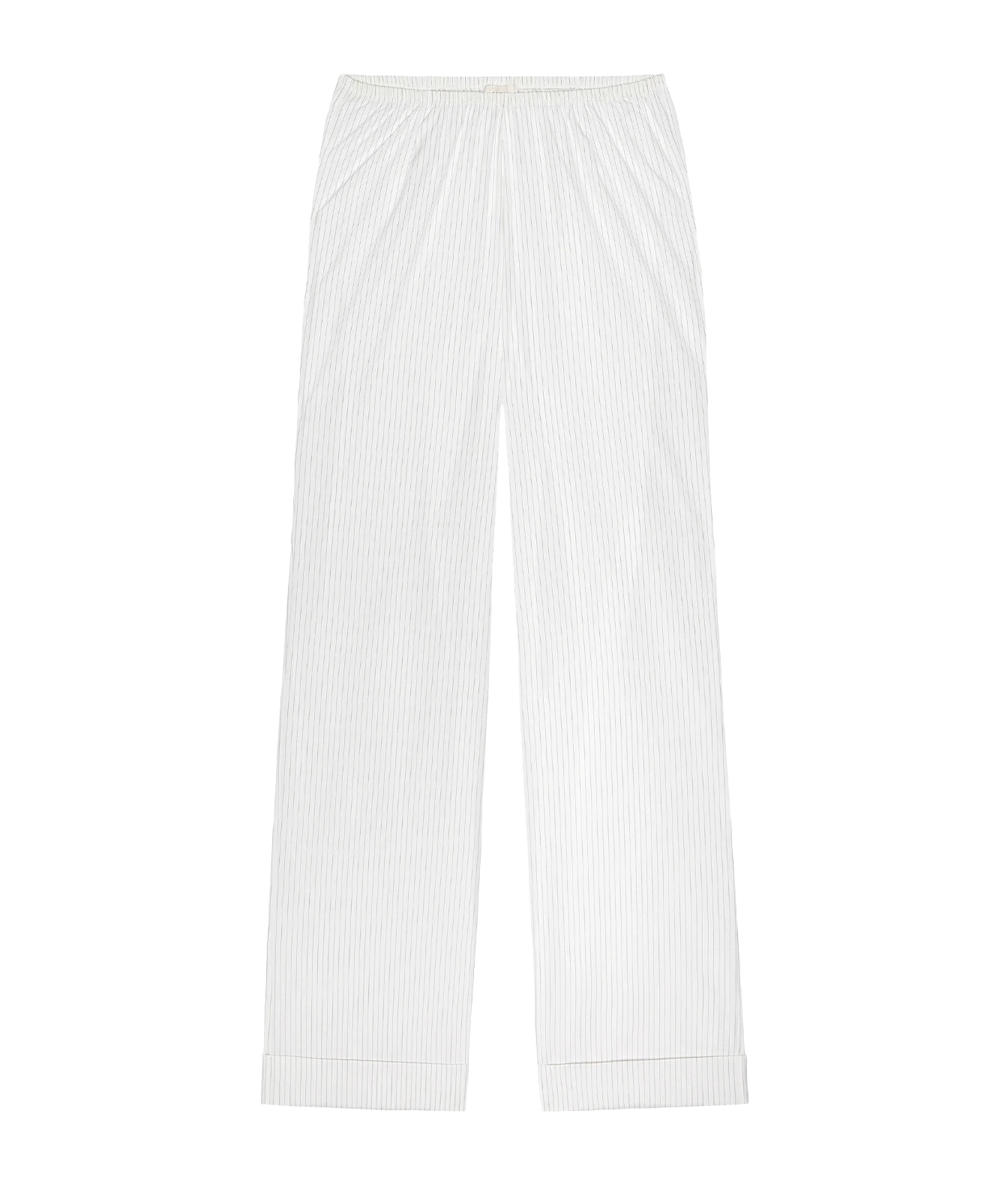 White pinstriped lounge pants with an elastic waistband and cuffed hems, shown flat against a white background.