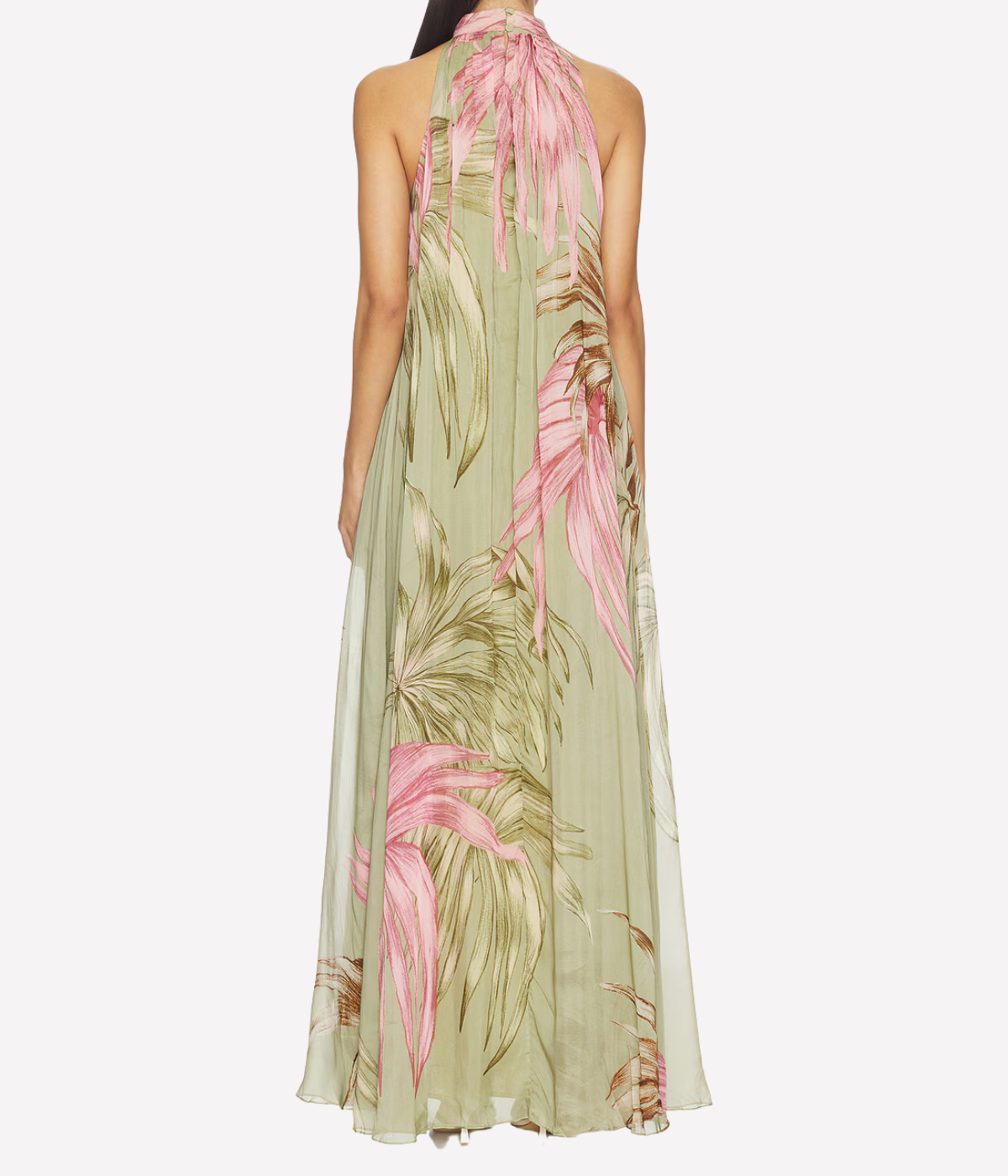 Long floral dress with pink and green leaves on a white background