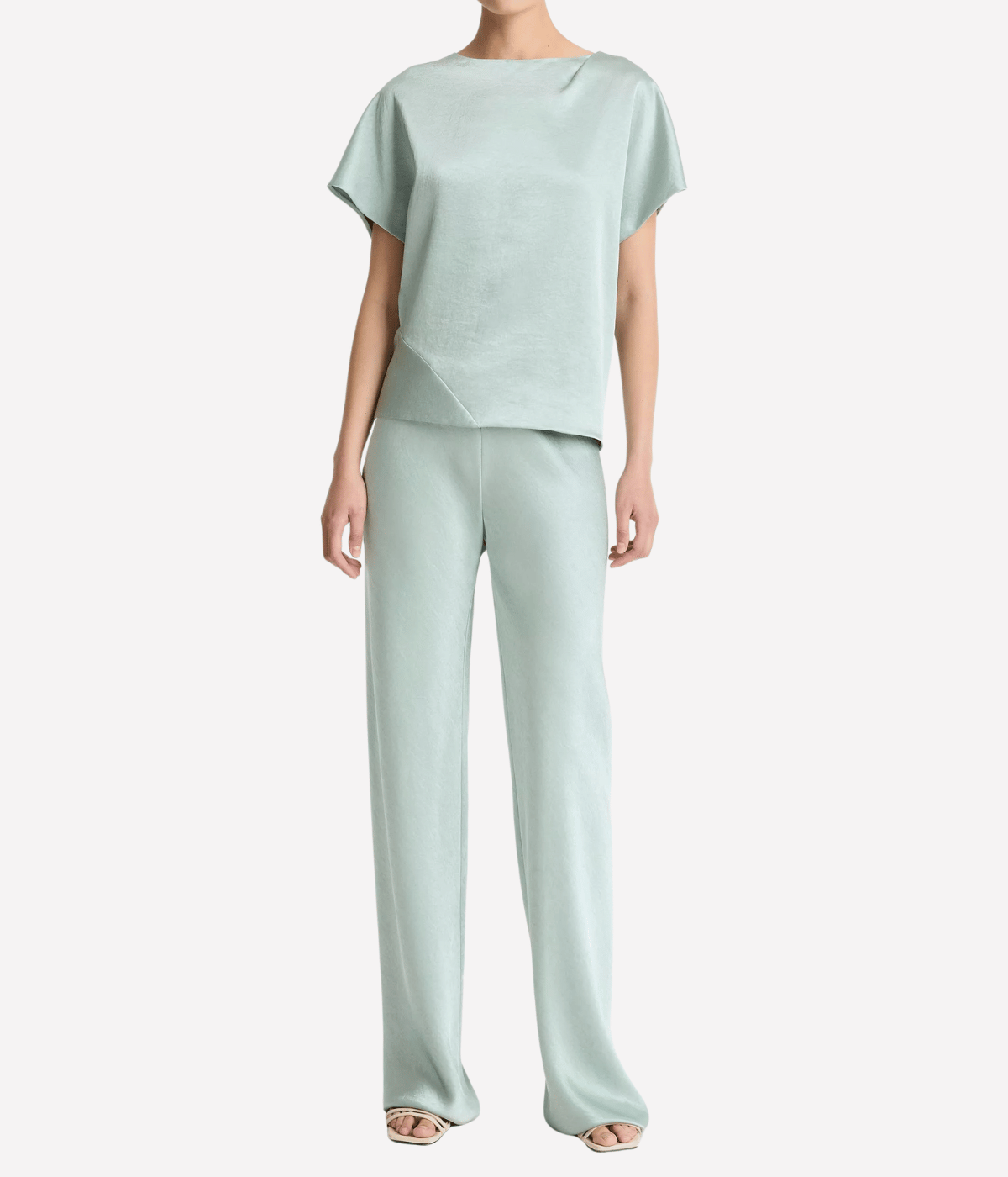 High Waist Fluid Satin Pant in Aloe Stone