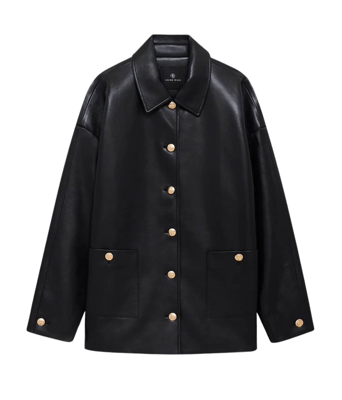 A black faux leather jacket with gold-tone buttons, a pointed collar, and two front patch pockets, shown against a plain white background.