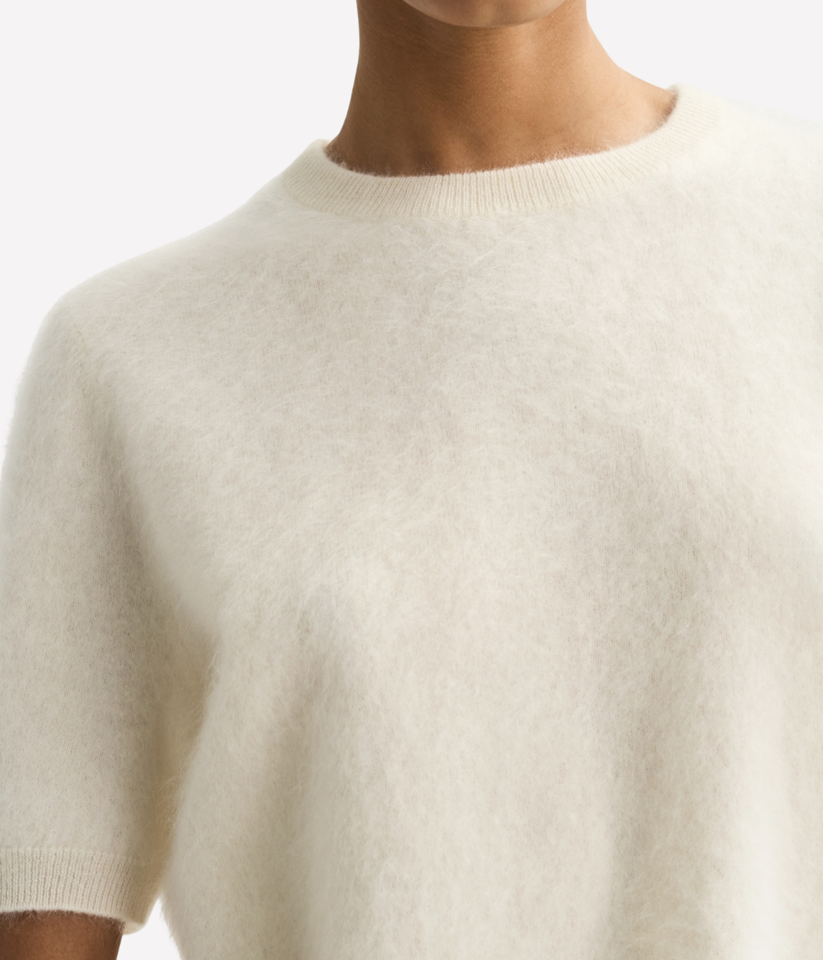 Soft Goat Brushed Short Sleeve in Feather White – Close Up Detail