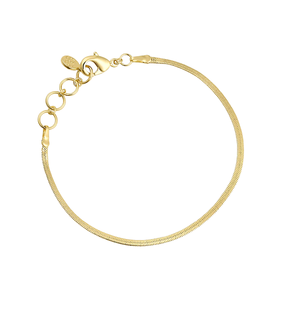 Gorjana Venice Mini Bracelet in Yellow Gold laid flat in a circle, showing the fine herringbone chain, lobster clasp and adjustable ring extender with a round logo tag