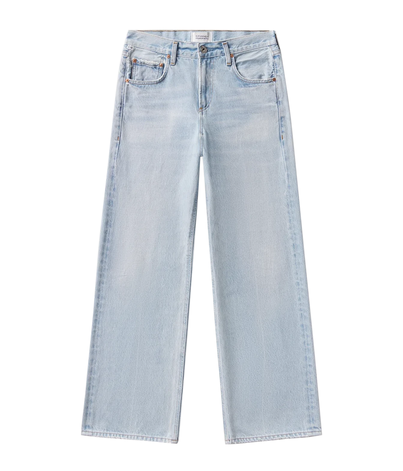 Light wash blue denim jeans with a straight, slightly flared leg, shown flat against a solid white background.