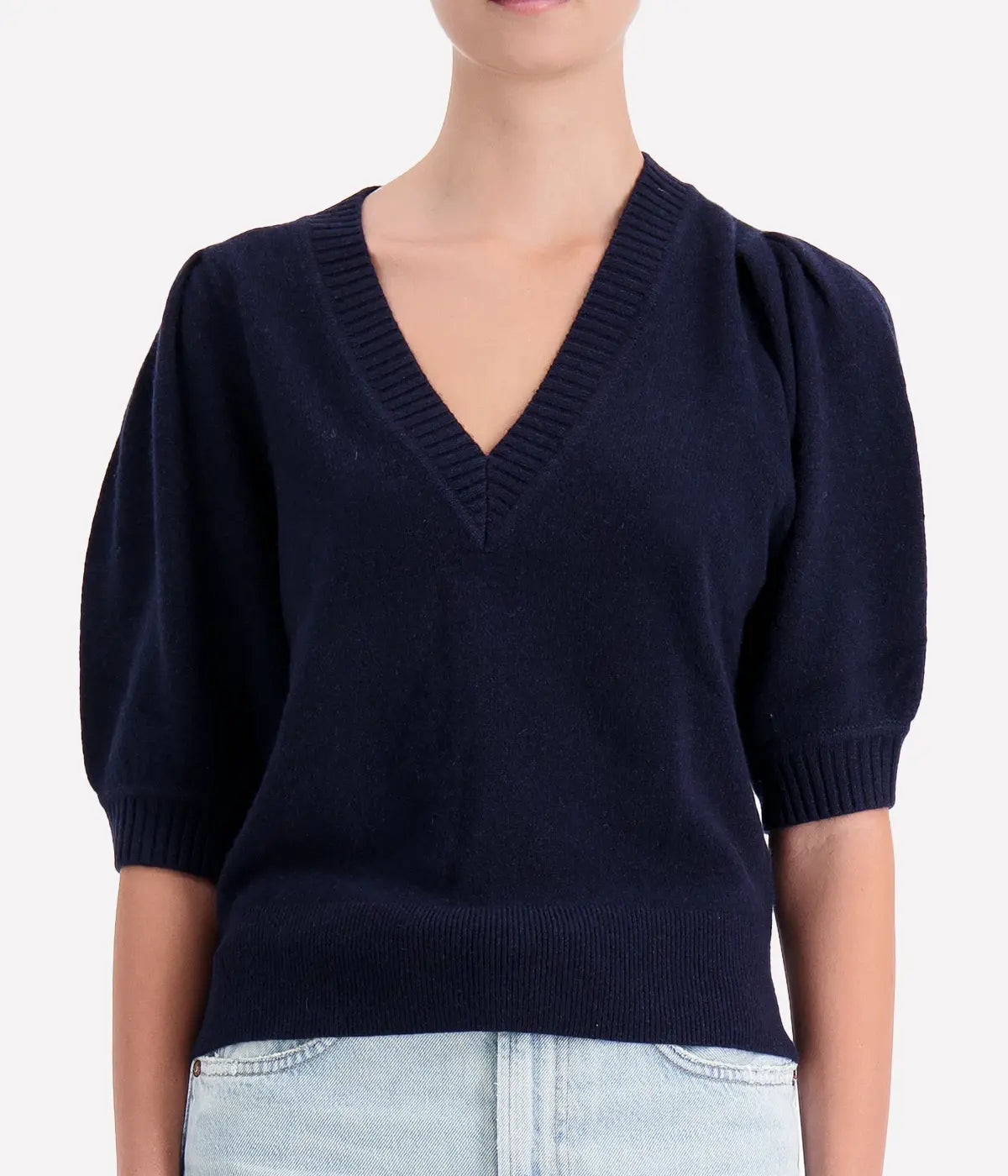 Cashmere Puff Sleeve V Neck in Deep Navy