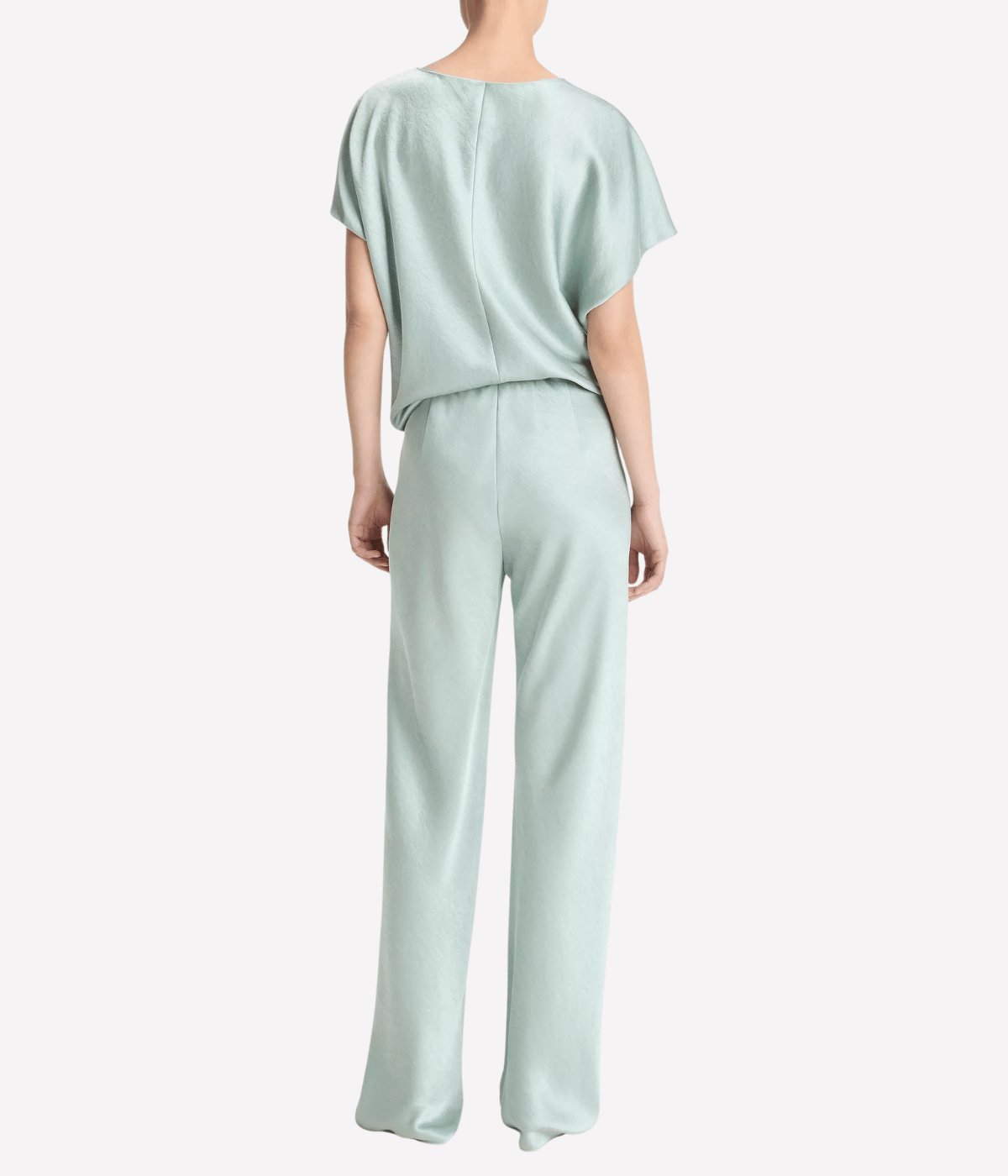 High Waist Fluid Satin Pant in Aloe Stone