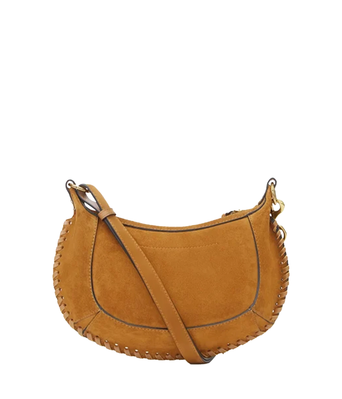 Oskan moon shoulder bag in braided suede calfskin leather - A crescent-shaped suede shoulder bag in a warm camel tan colour, featuring a matching adjustable strap, gold-tone hardware, and decorative whipstitching